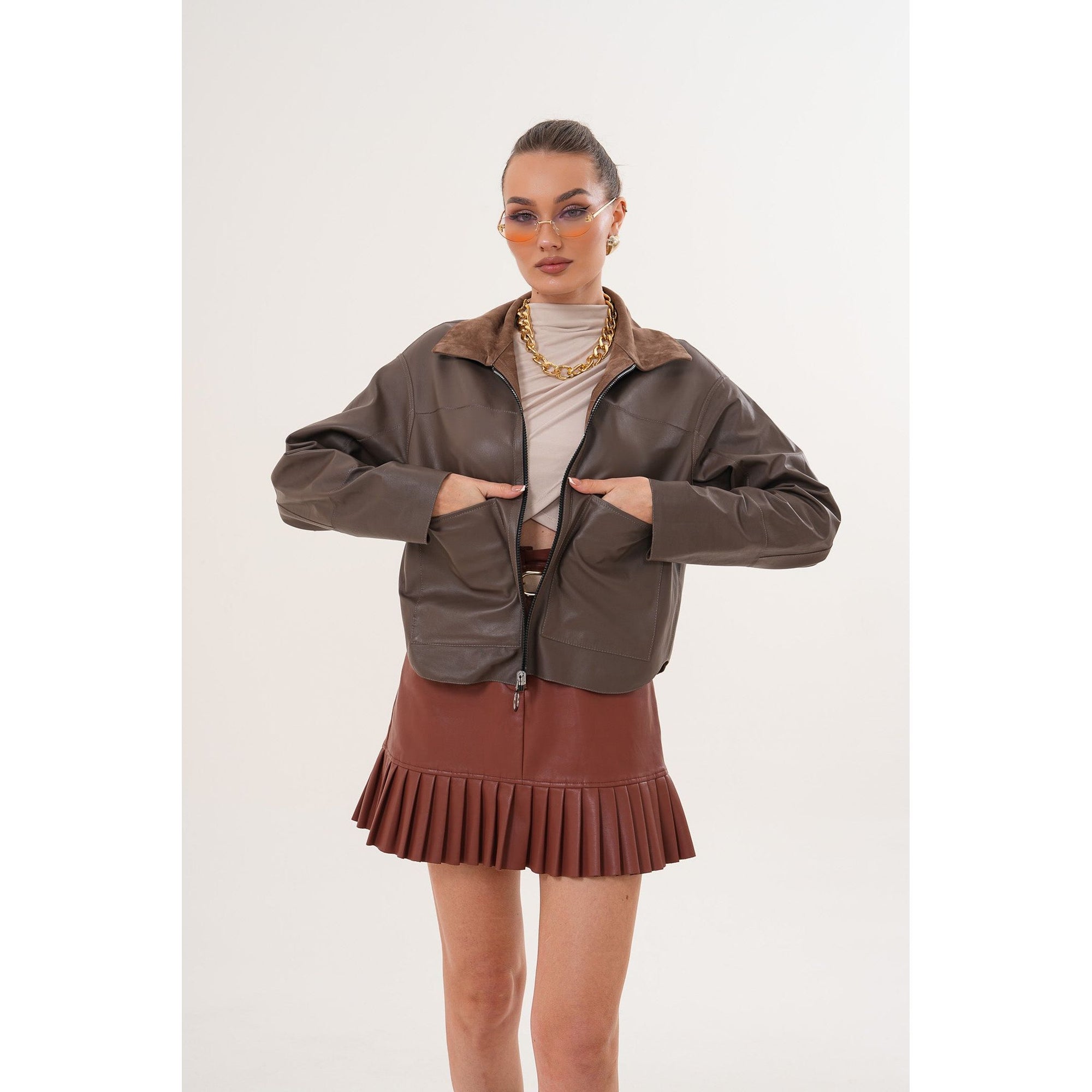 Elvoria Reversible Leather Jacket – Taupe / Suede Brown