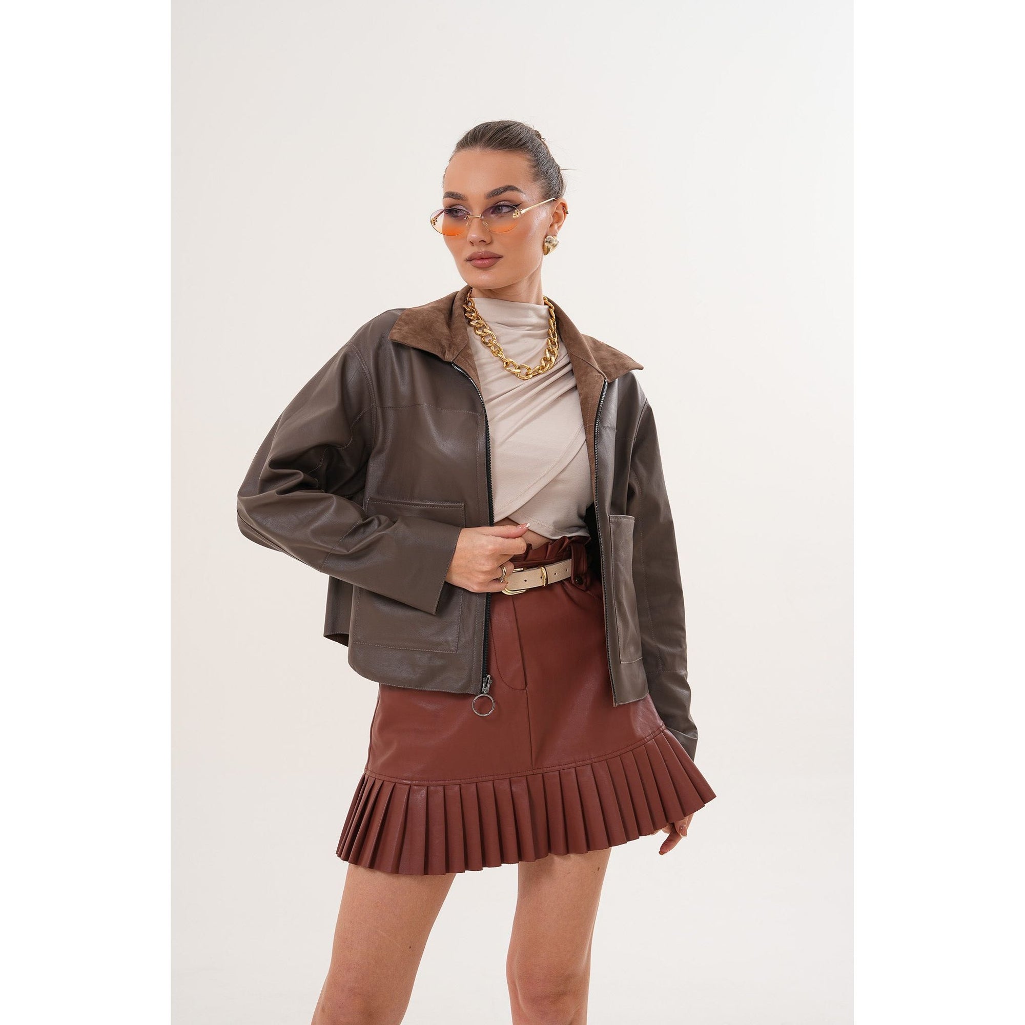 Elvoria Reversible Leather Jacket – Taupe / Suede Brown