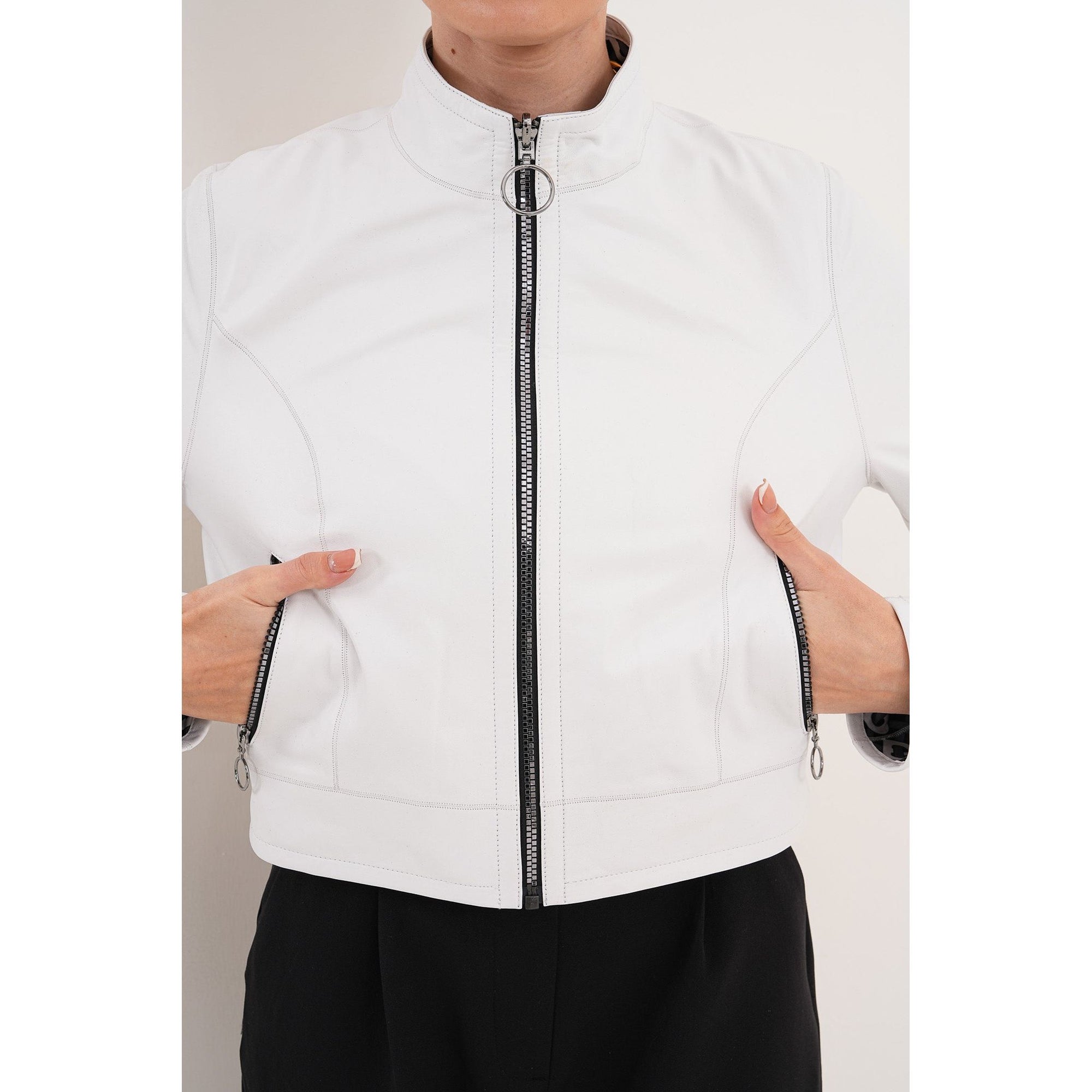 The Elvaris Reversible White Leather Women Jacket