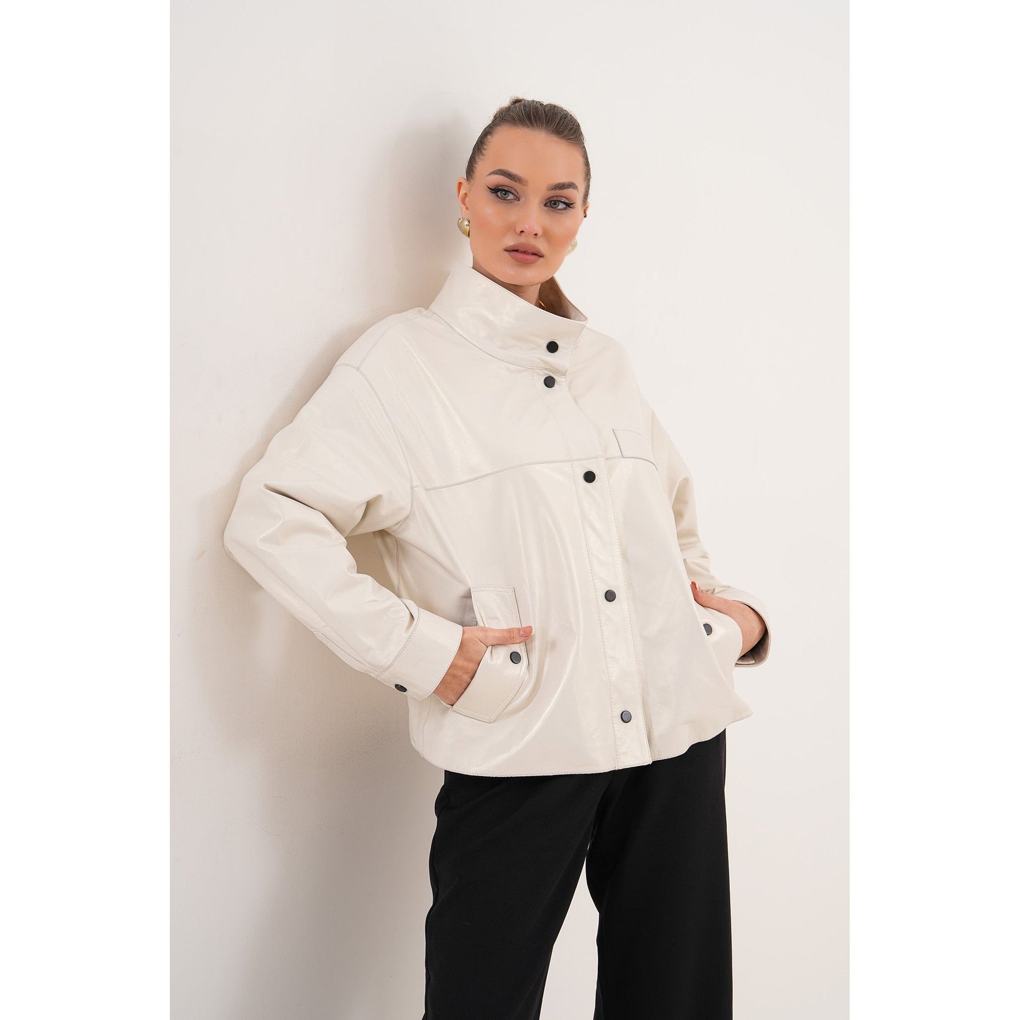 The Velmira Reversible Ivory Leather Women Jacket