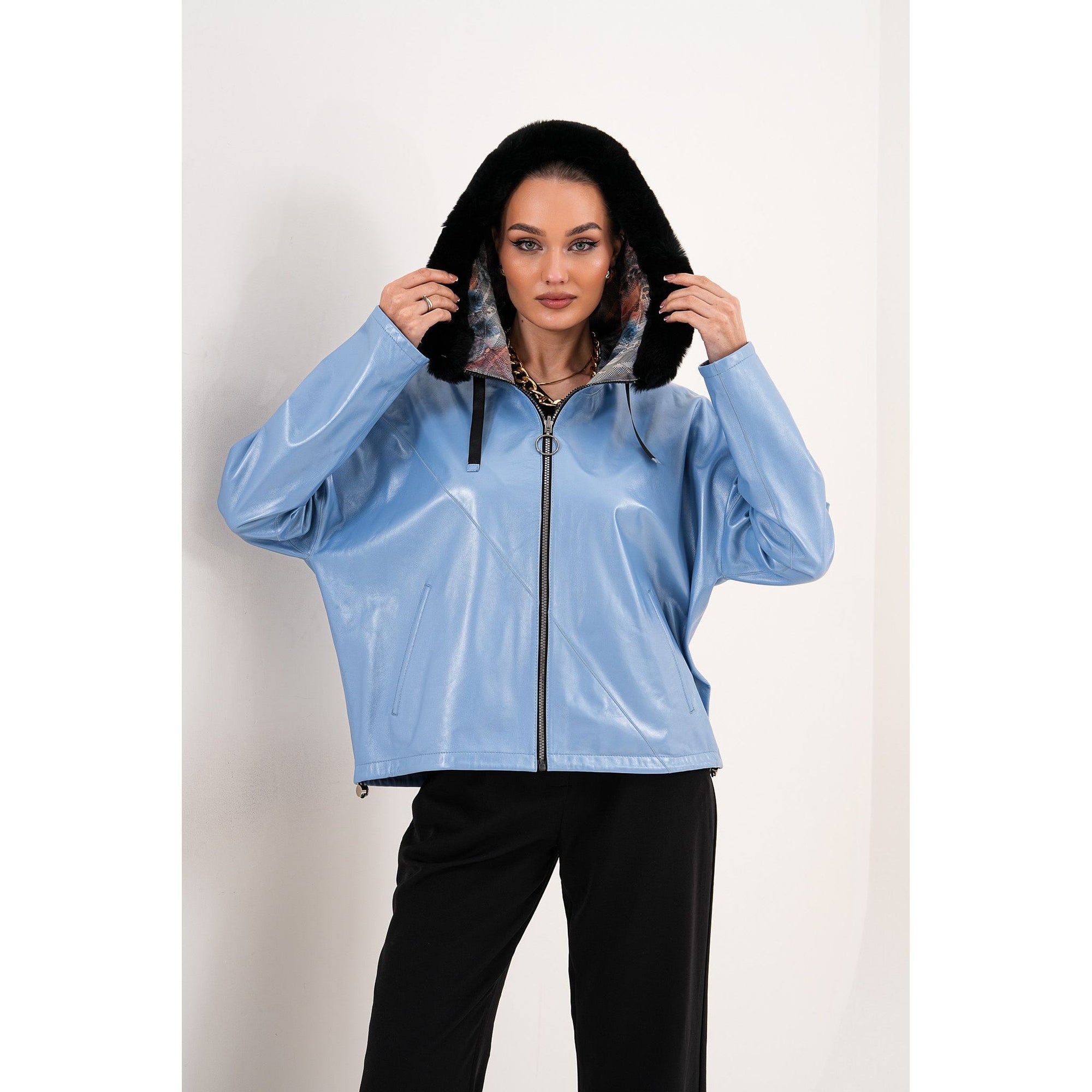 The Velora Sky Blue Reversible Lambskin Women Leather Jacket