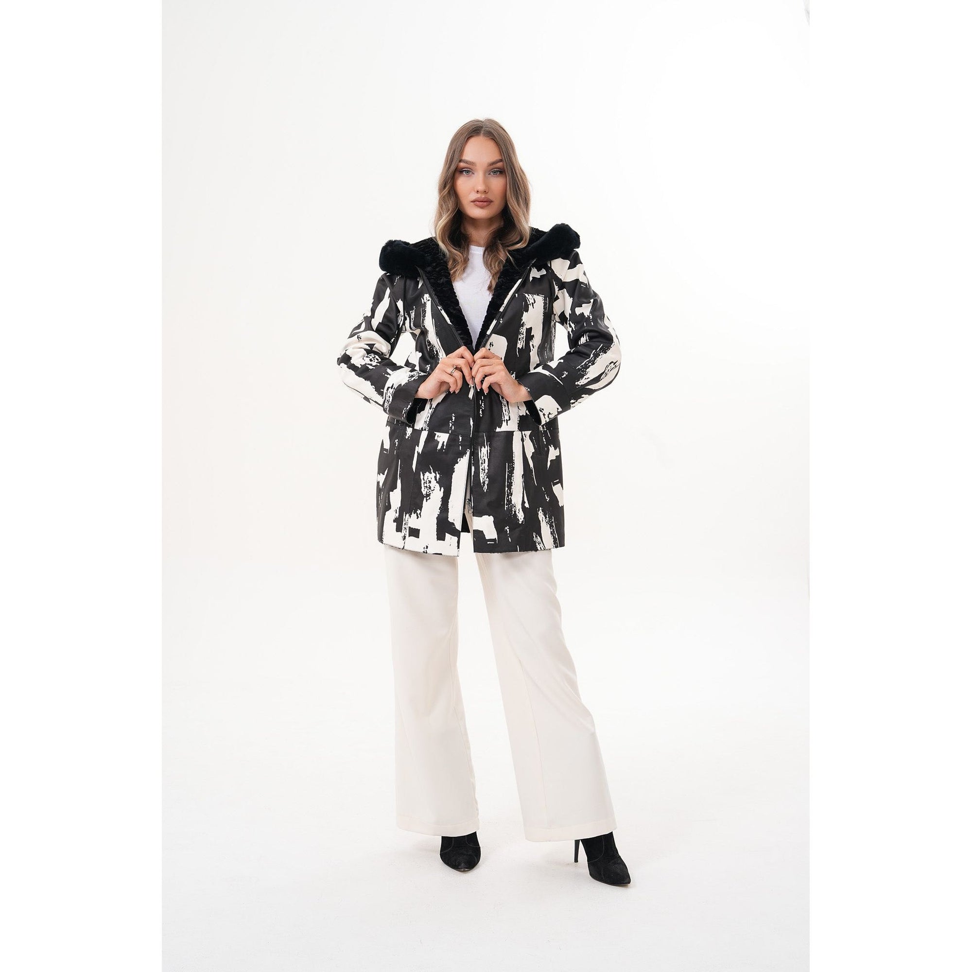 The Prisma Black & White Leather Women Jacket