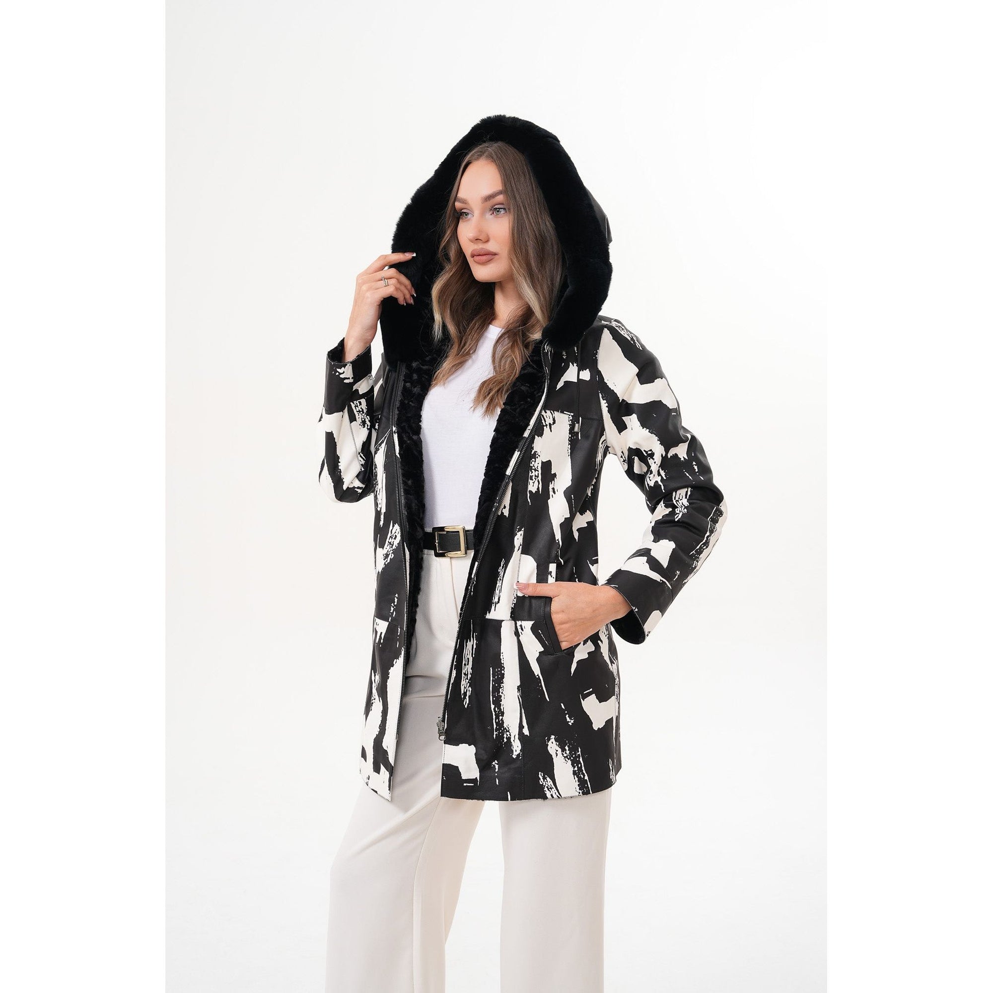 The Prisma Black & White Leather Women Jacket