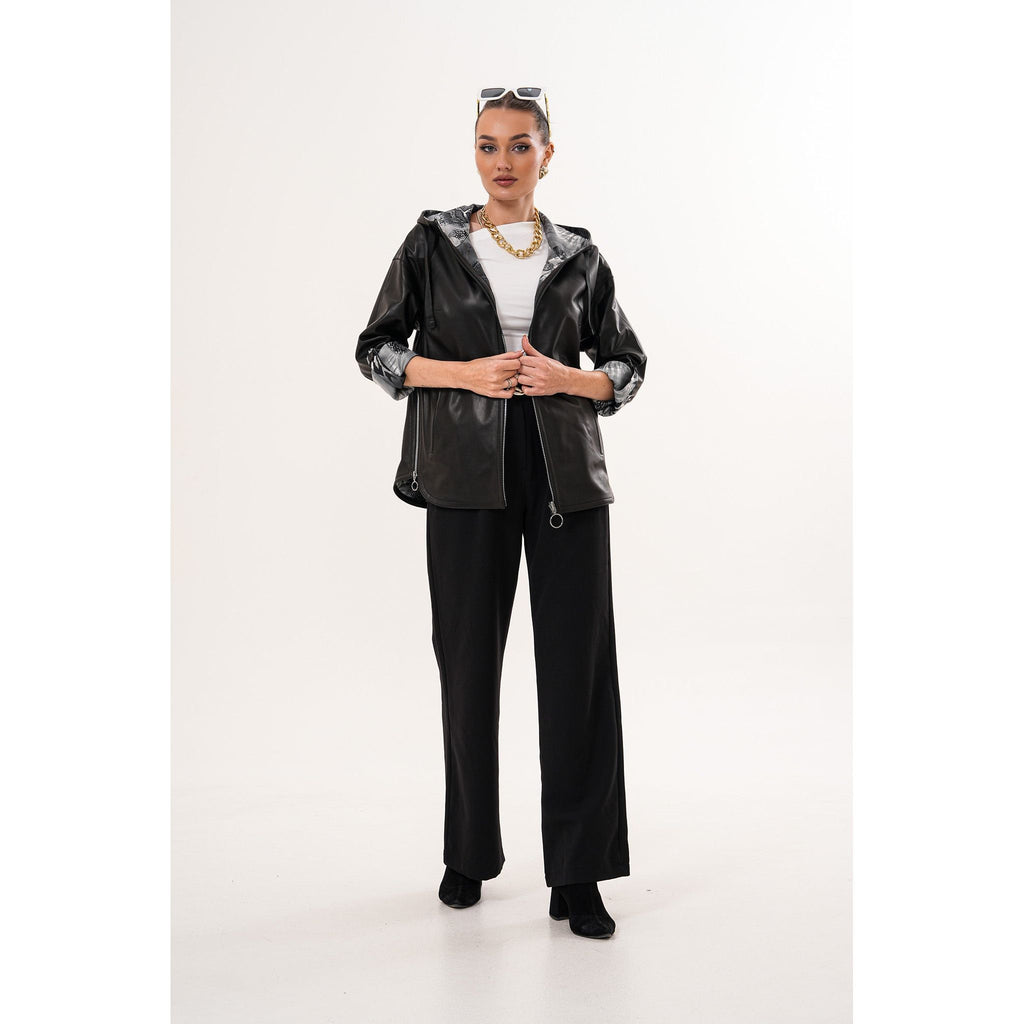 The Nyxara Reversible Hooded Black Women Leather Jacket