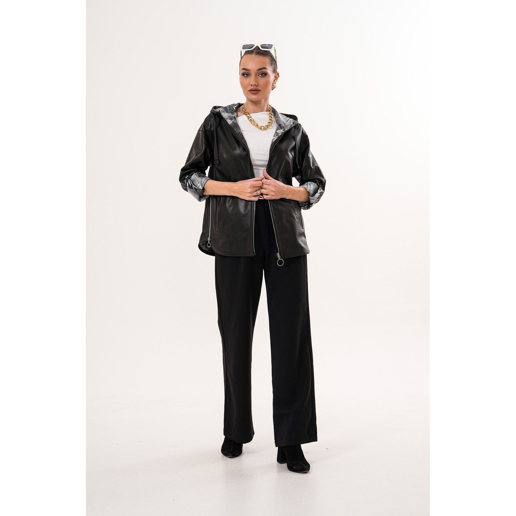 The Nyxara Reversible Hooded Black Women Leather Jacket