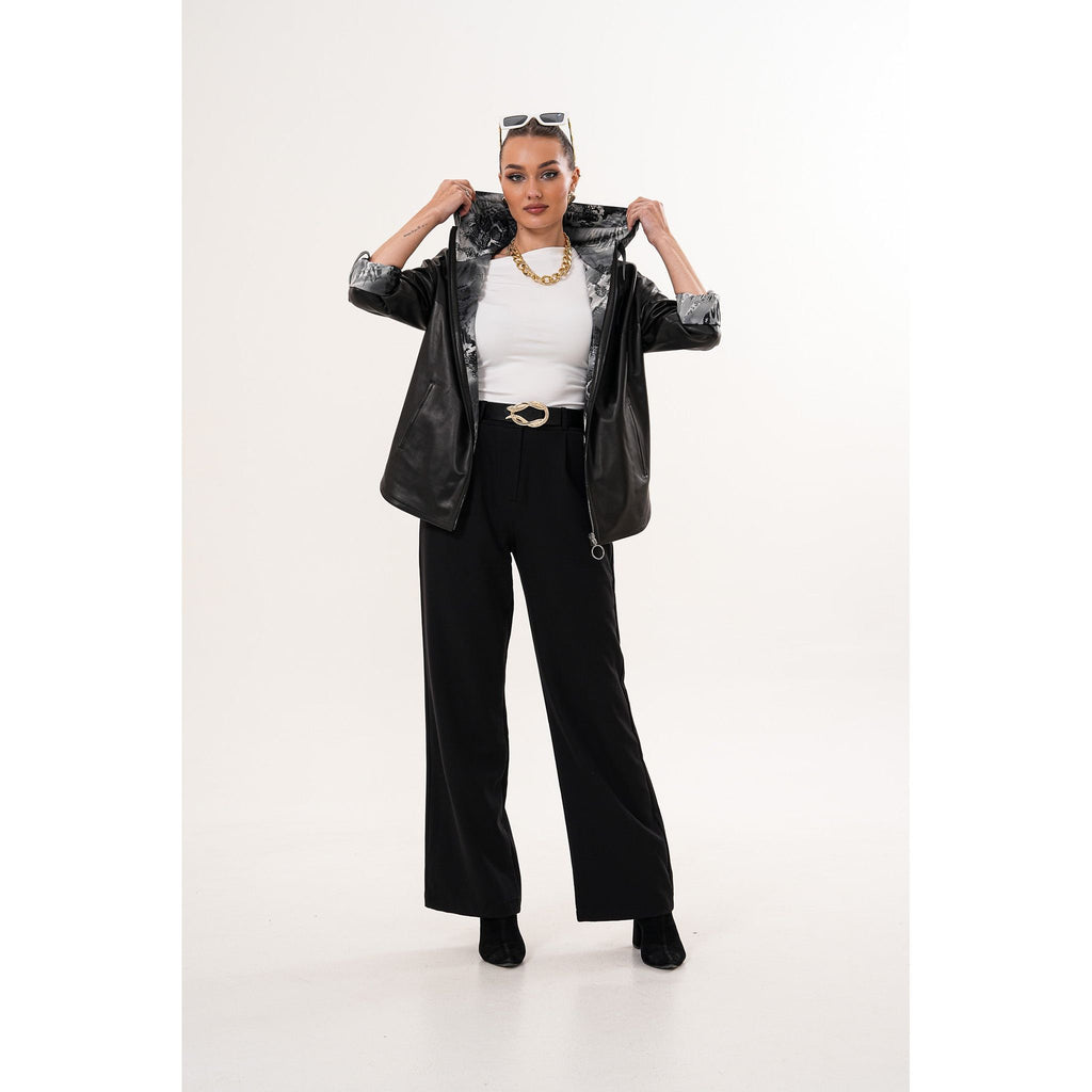 The Nyxara Reversible Hooded Black Women Leather Jacket