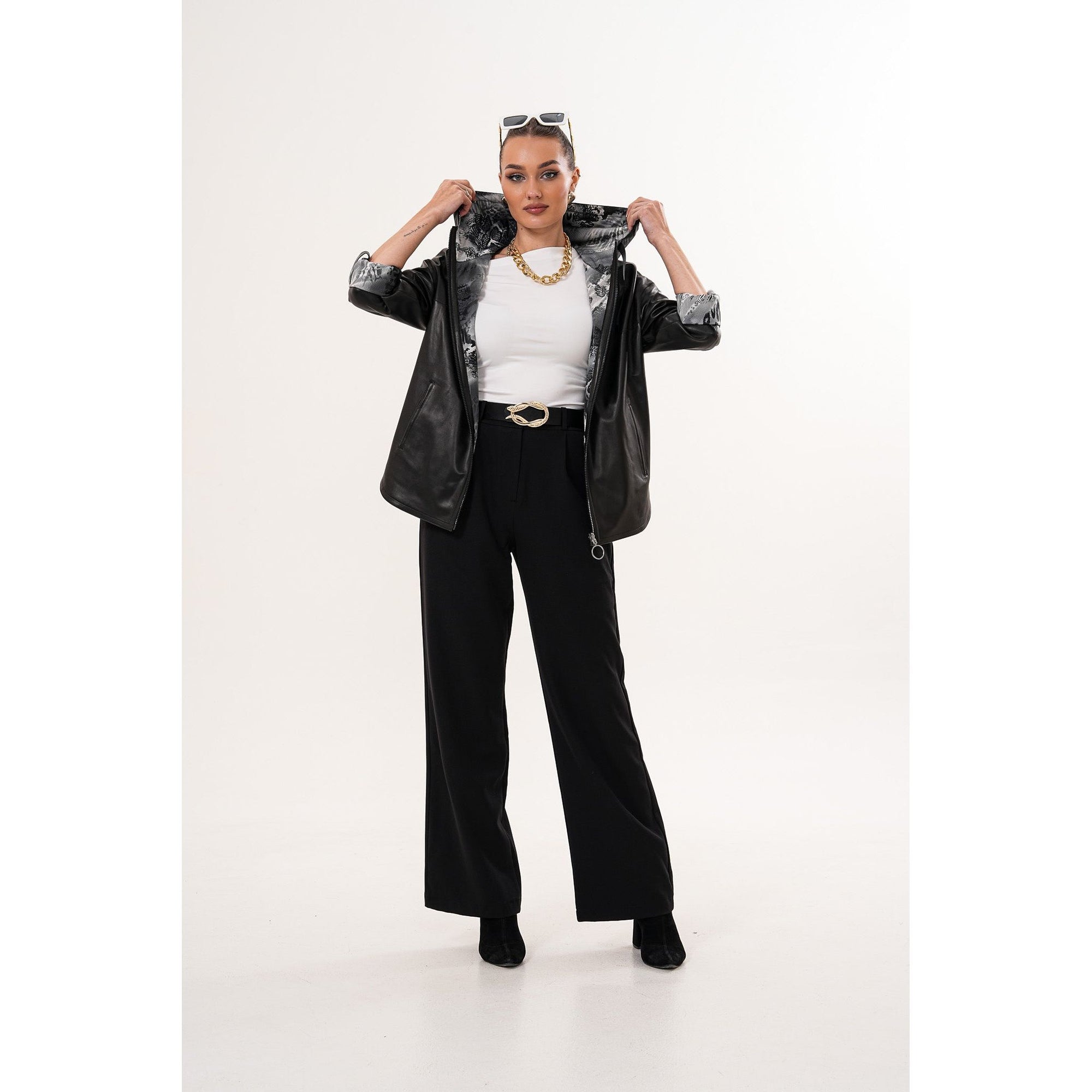 The Nyxara Reversible Hooded Black Women Leather Jacket