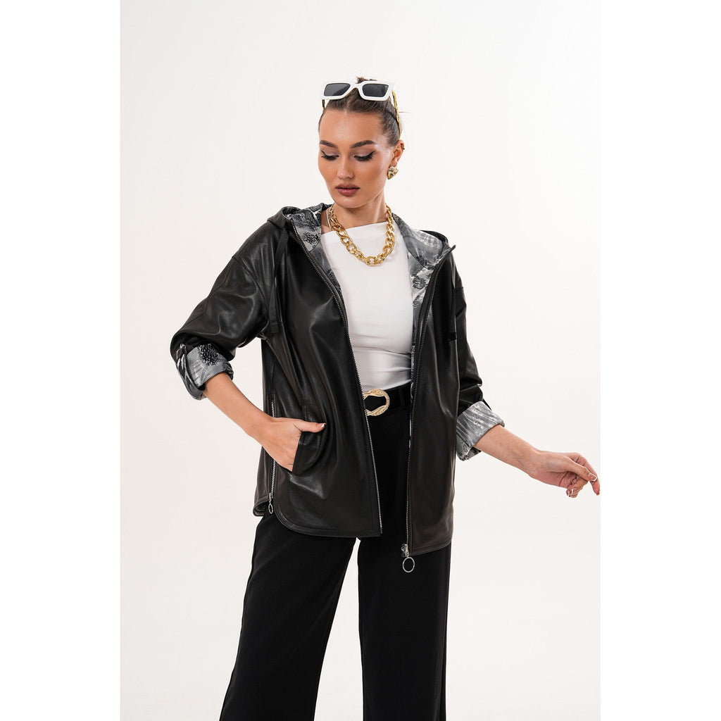 The Nyxara Reversible Hooded Black Women Leather Jacket
