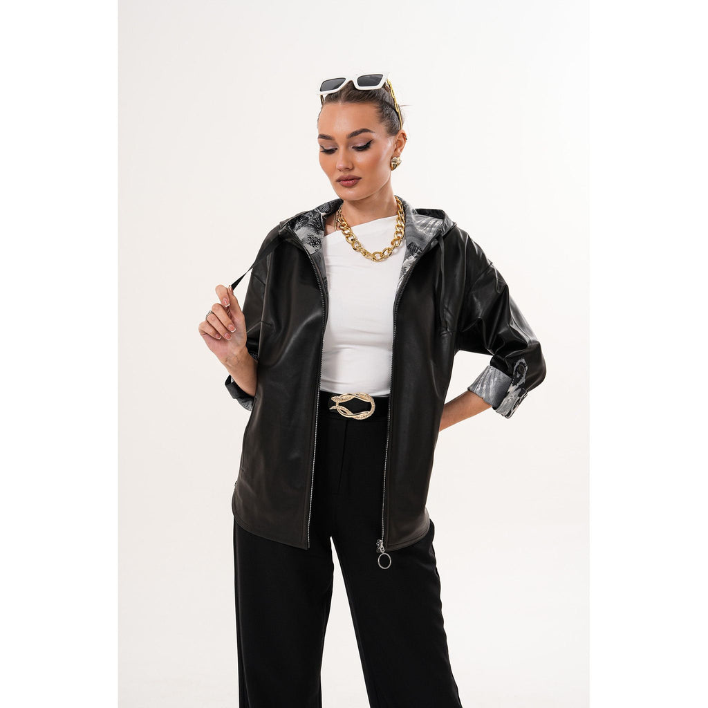 The Nyxara Reversible Hooded Black Women Leather Jacket
