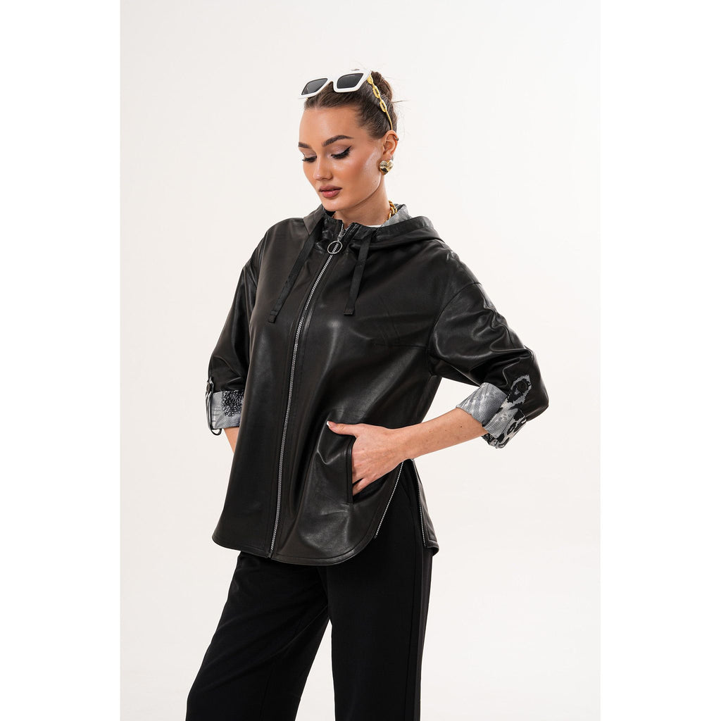 The Nyxara Reversible Hooded Black Women Leather Jacket