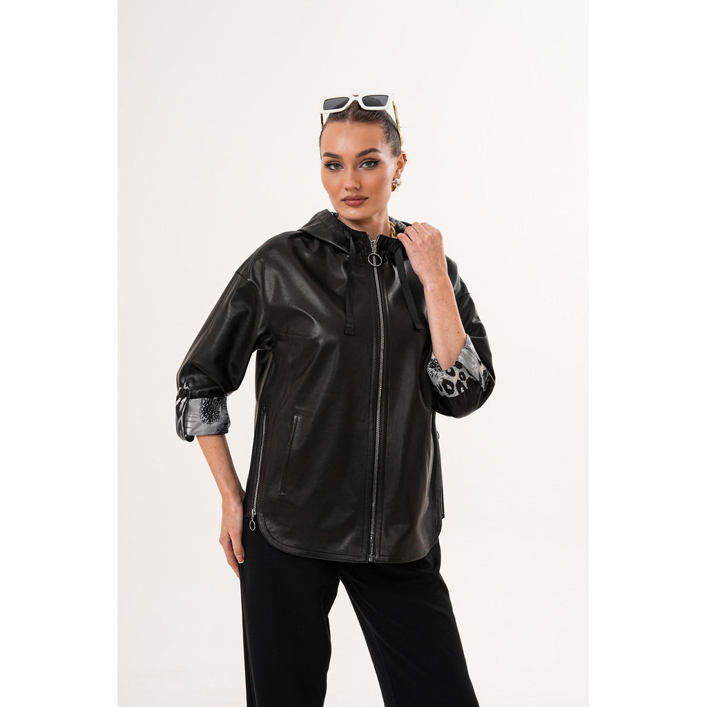 The Nyxara Reversible Hooded Black Women Leather Jacket