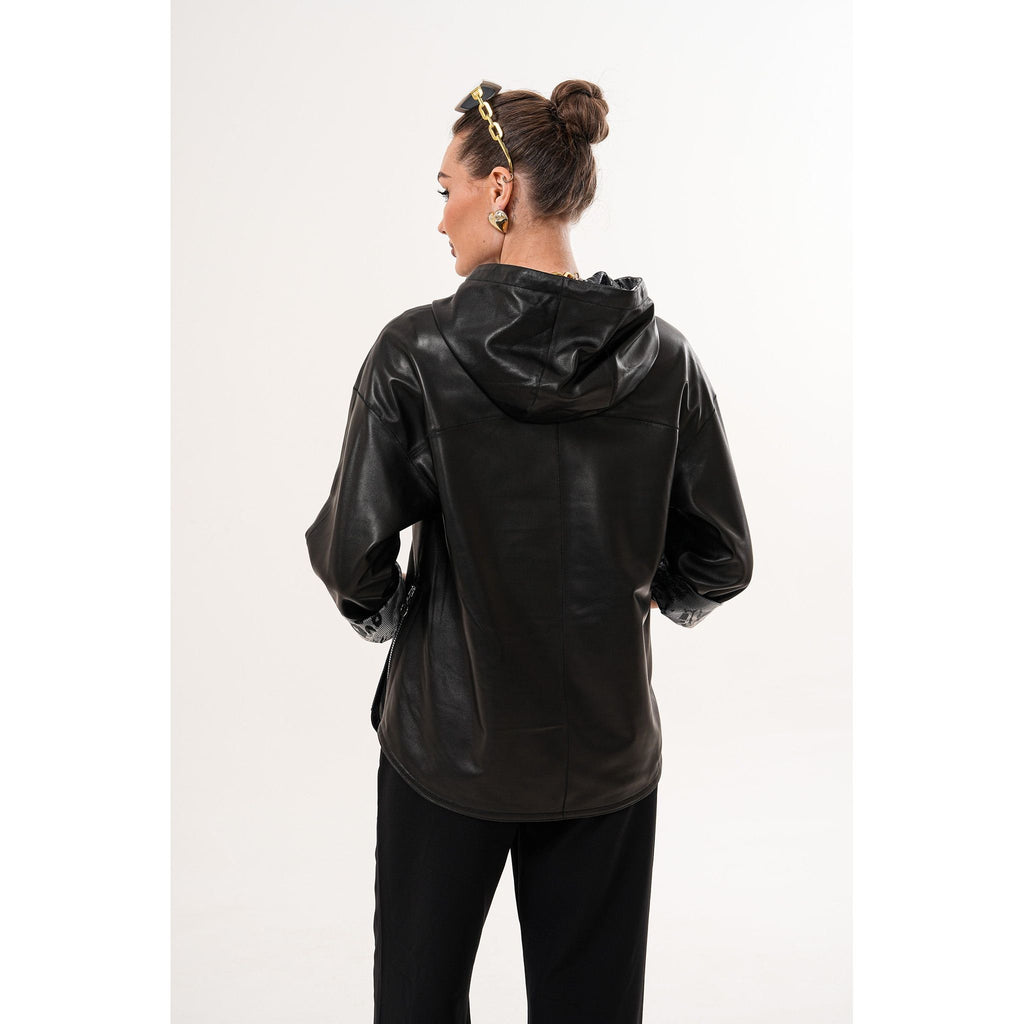 The Nyxara Reversible Hooded Black Women Leather Jacket