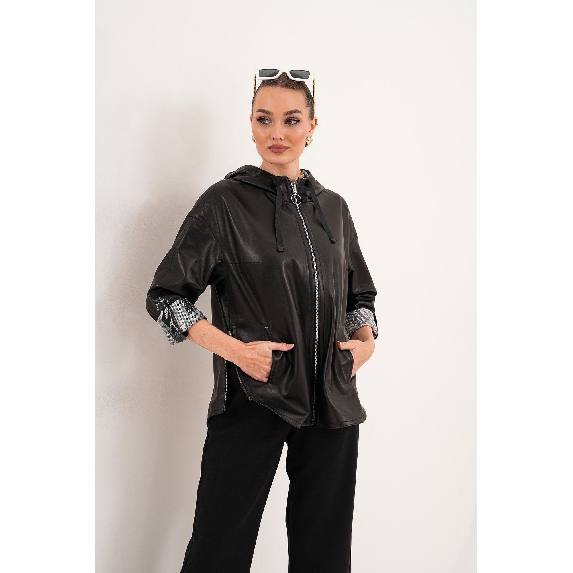 The Nyxara Reversible Hooded Black Women Leather Jacket