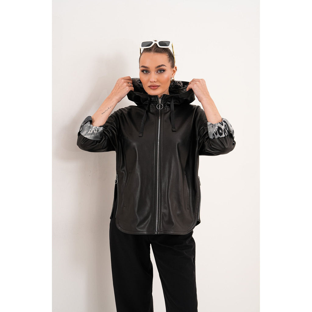 The Nyxara Reversible Hooded Black Women Leather Jacket