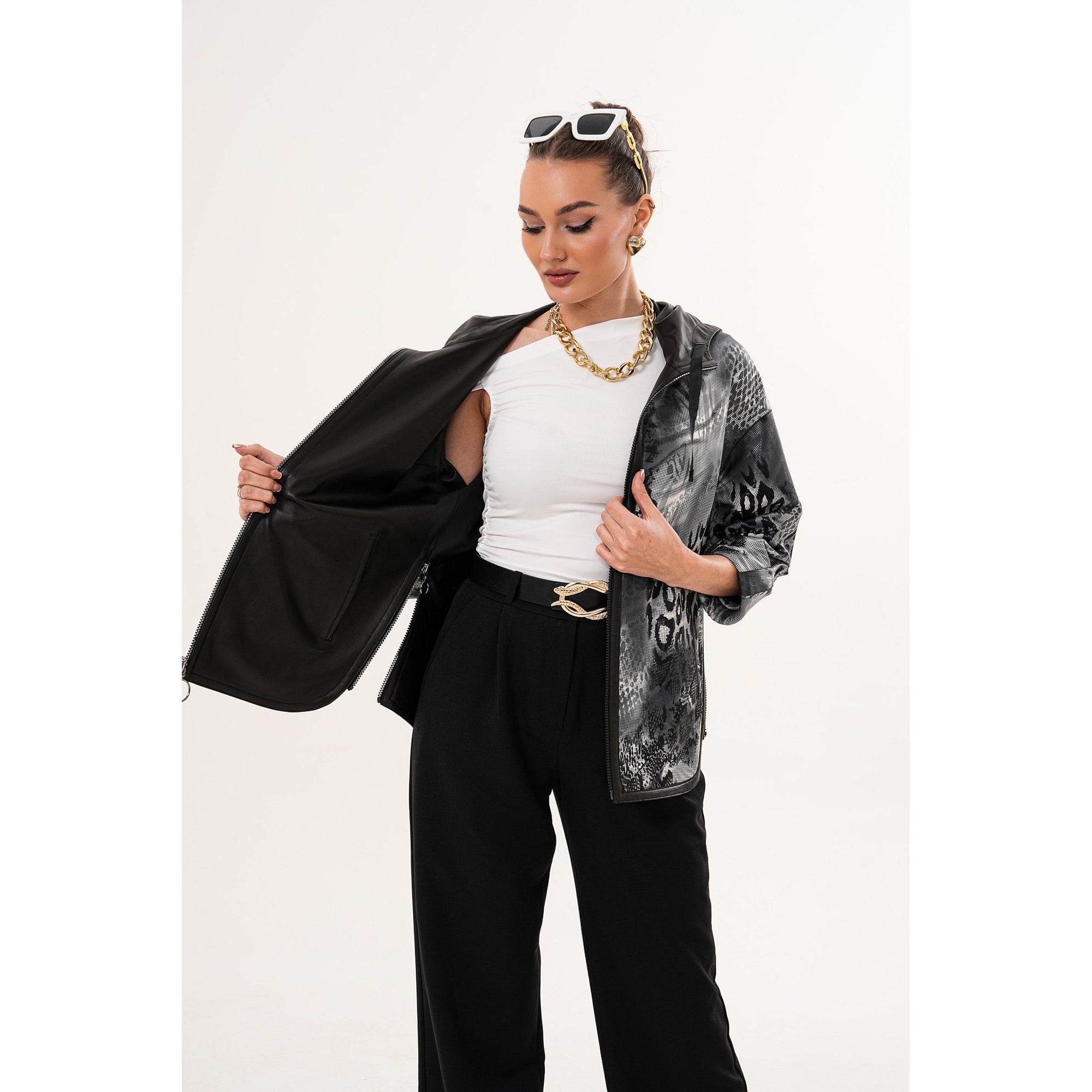 The Nyxara Reversible Hooded Black Women Leather Jacket