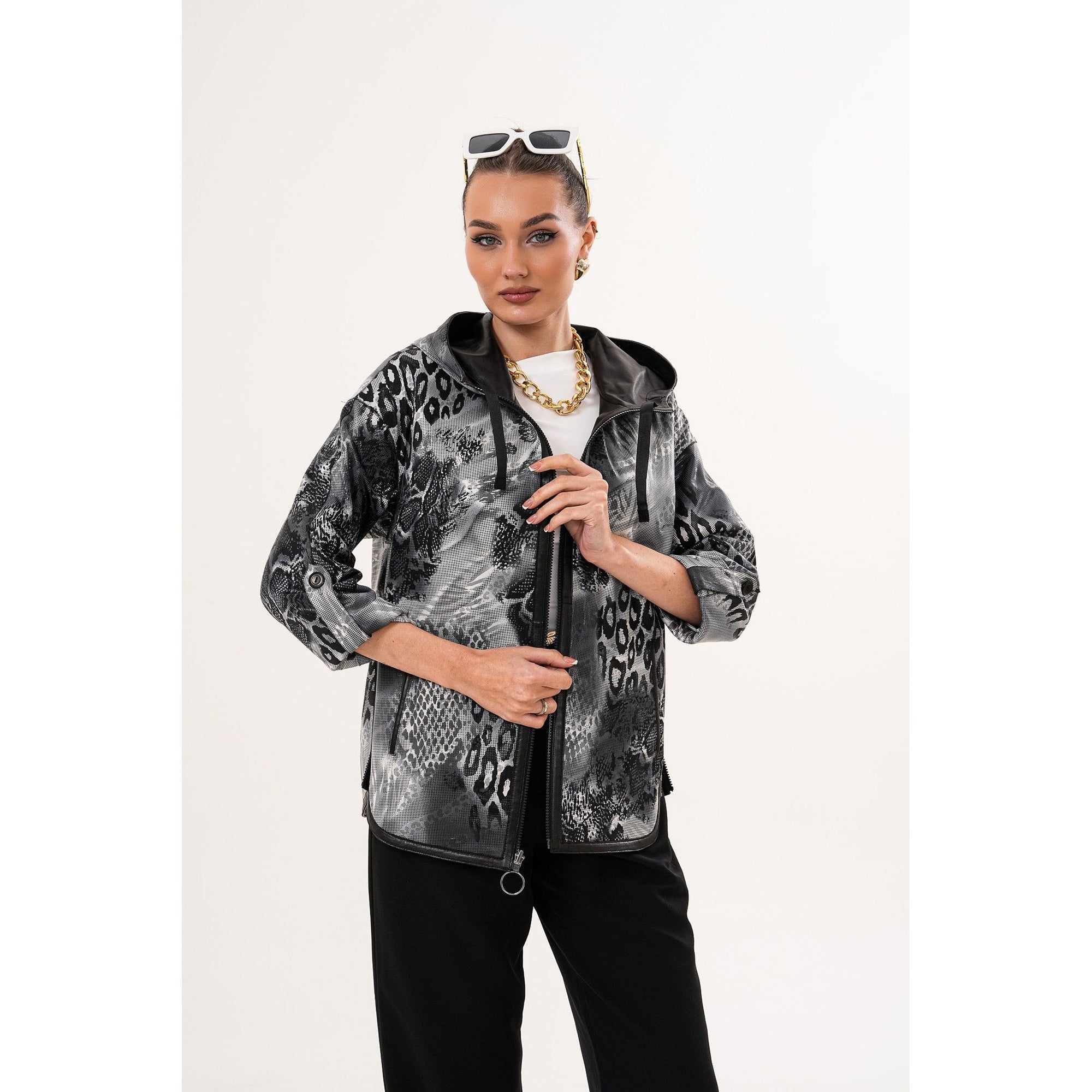 The Nyxara Reversible Hooded Black Women Leather Jacket