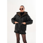 The Arlena Black &amp; Leopard Shearling Leather Women Jacket