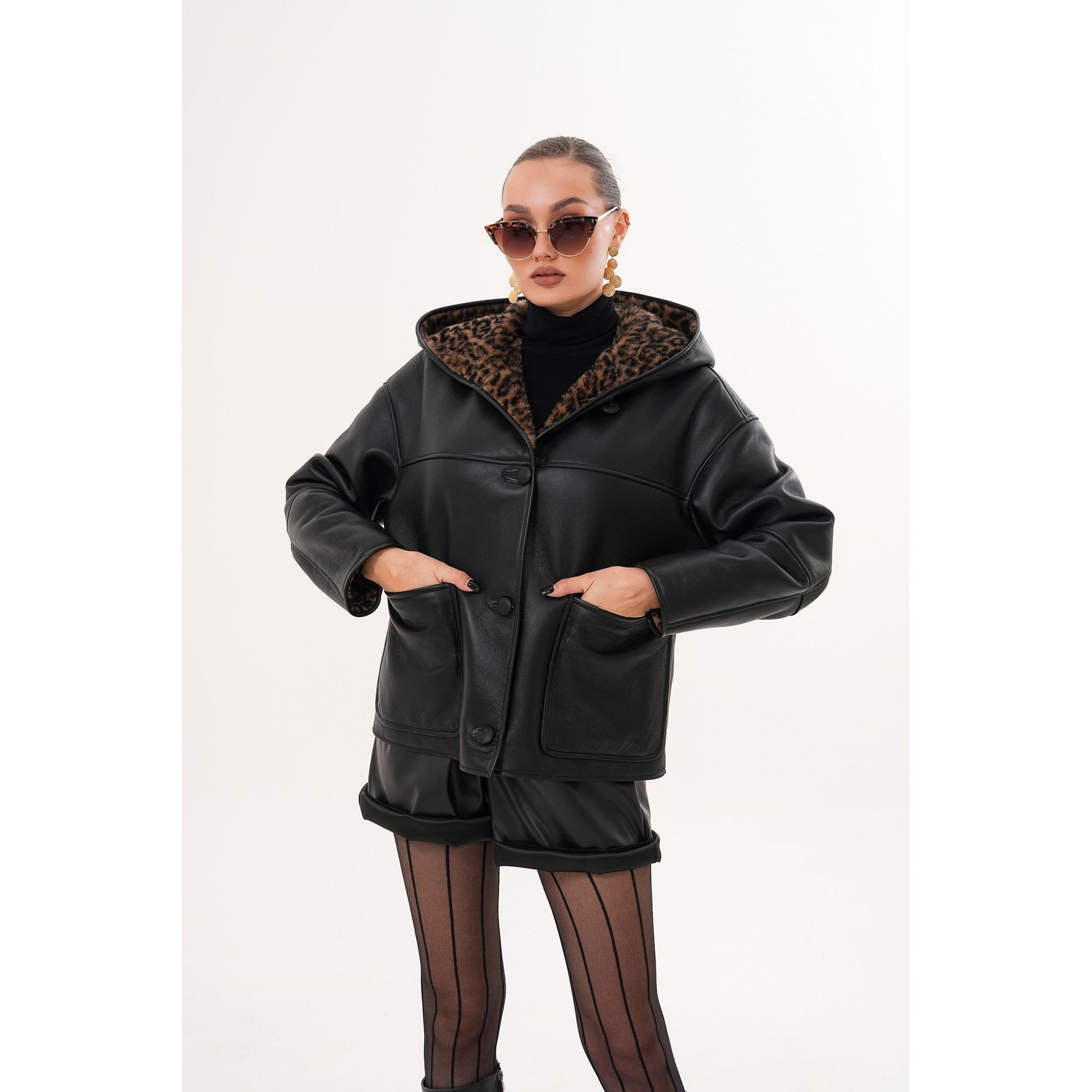 The Arlena Black &amp; Leopard Shearling Leather Women Jacket