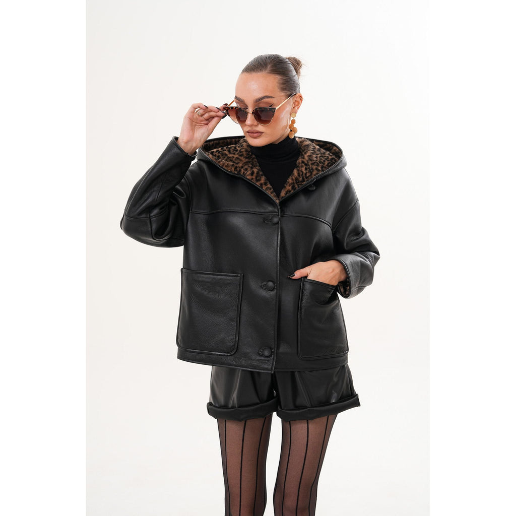 The Arlena Black &amp; Leopard Shearling Leather Women Jacket