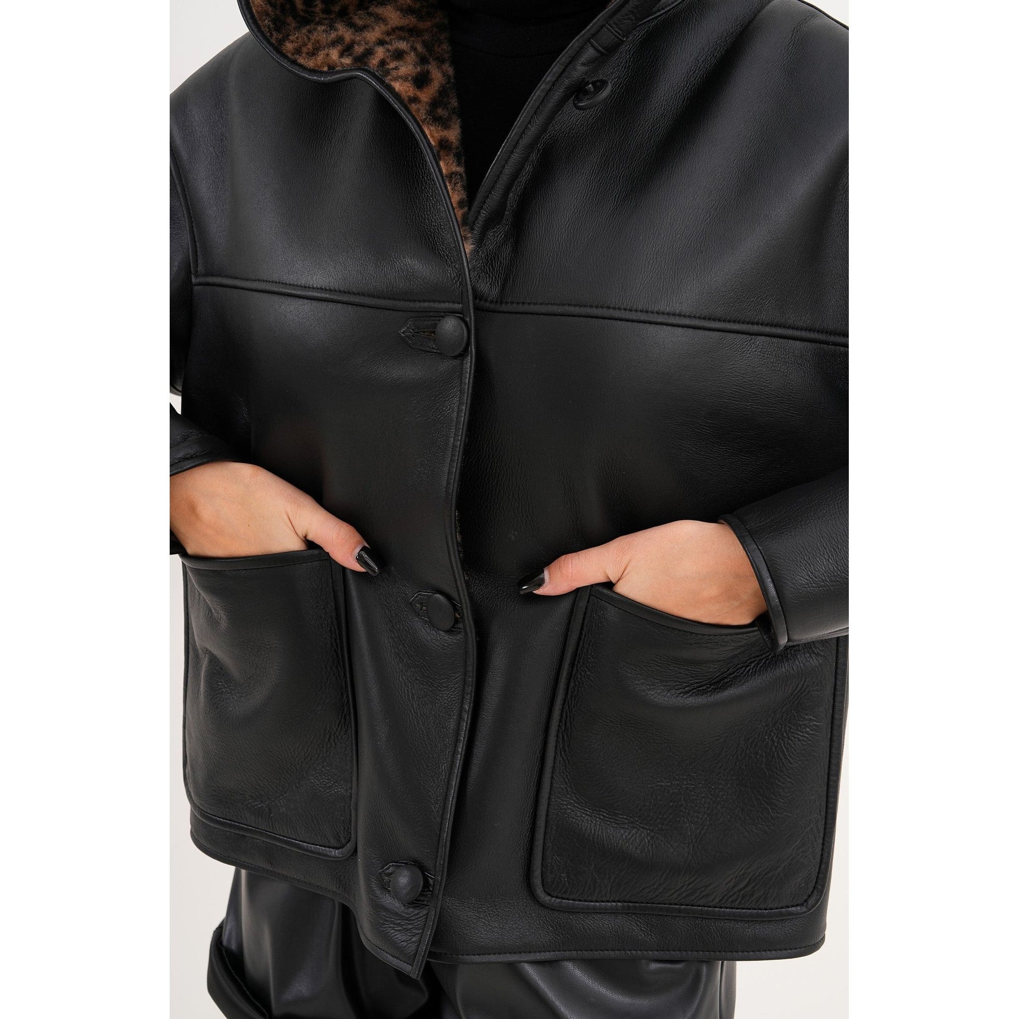 The Arlena Black &amp; Leopard Shearling Leather Women Jacket