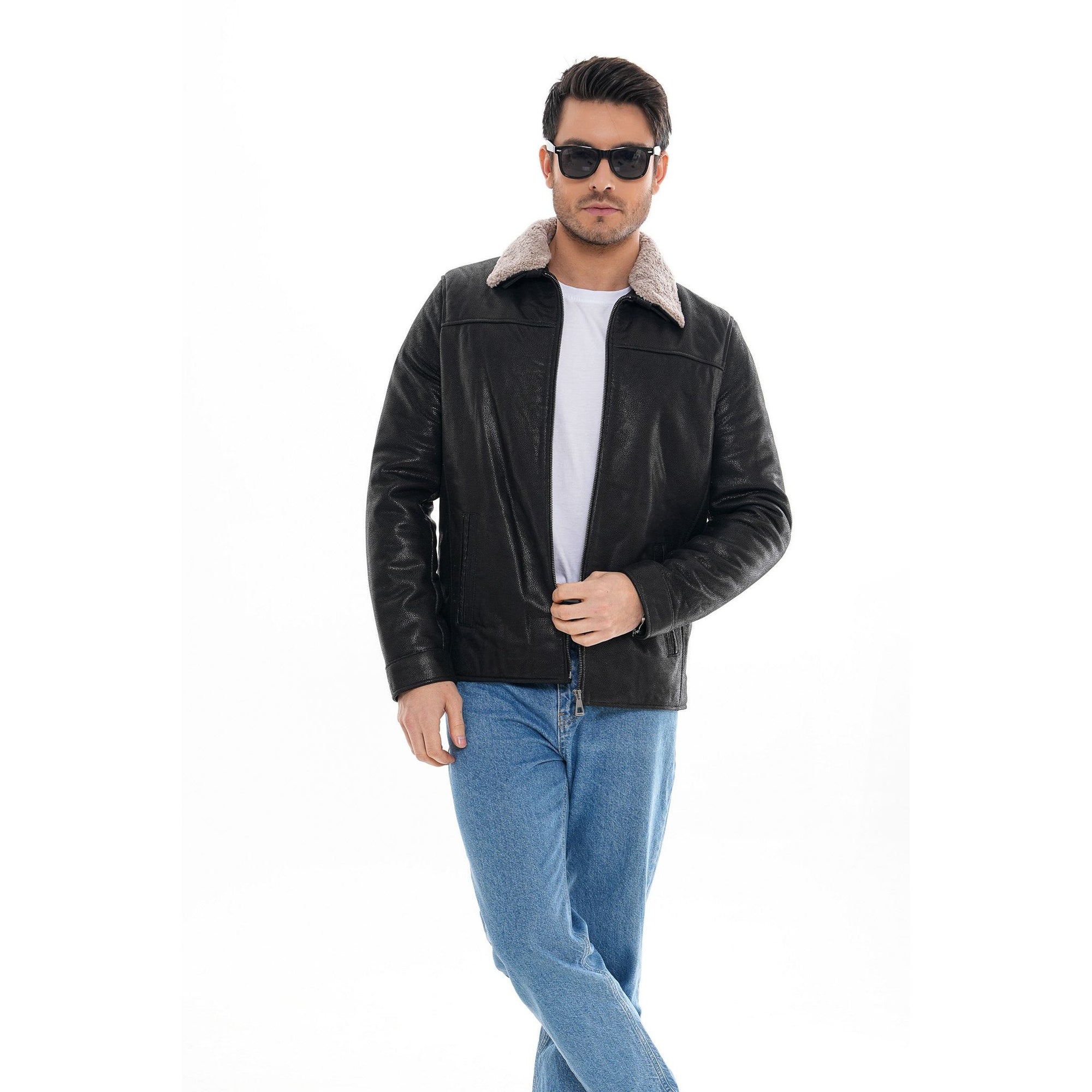 The Sarnico Black Shearling Collar Leather Jacket