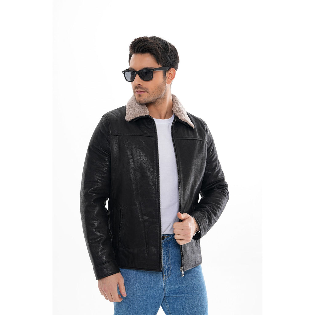 The Sarnico Black Shearling Collar Leather Jacket