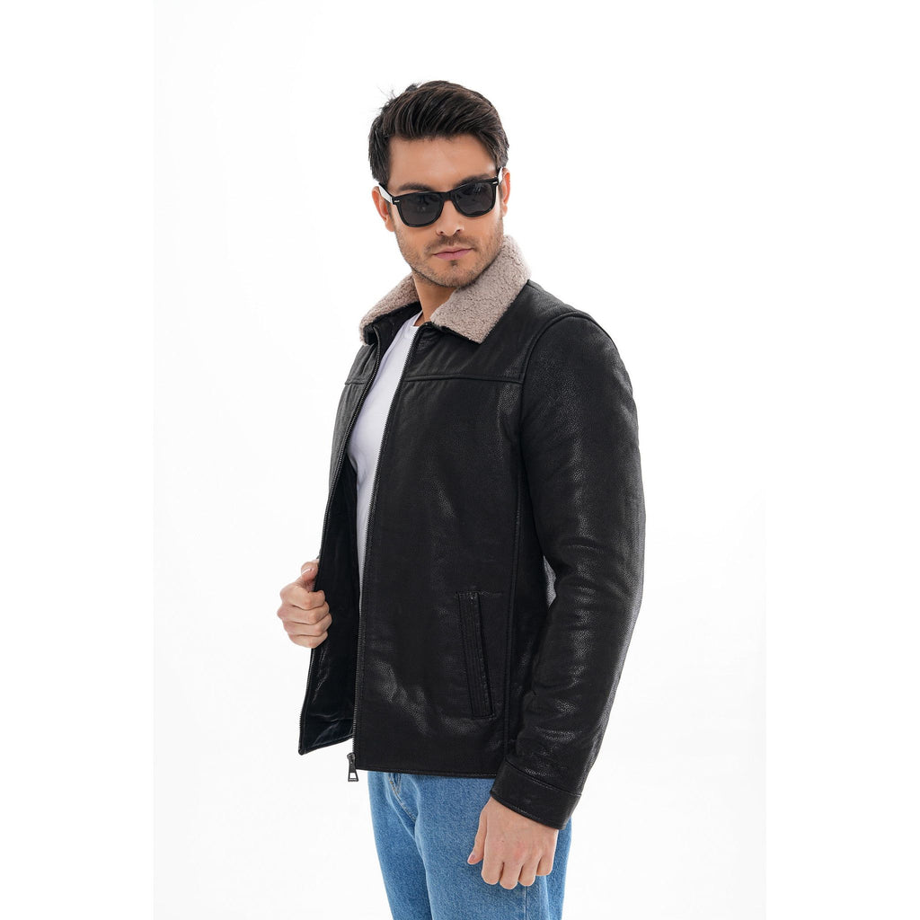 The Sarnico Black Shearling Collar Leather Jacket