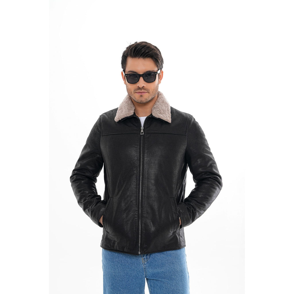 The Sarnico Black Shearling Collar Leather Jacket