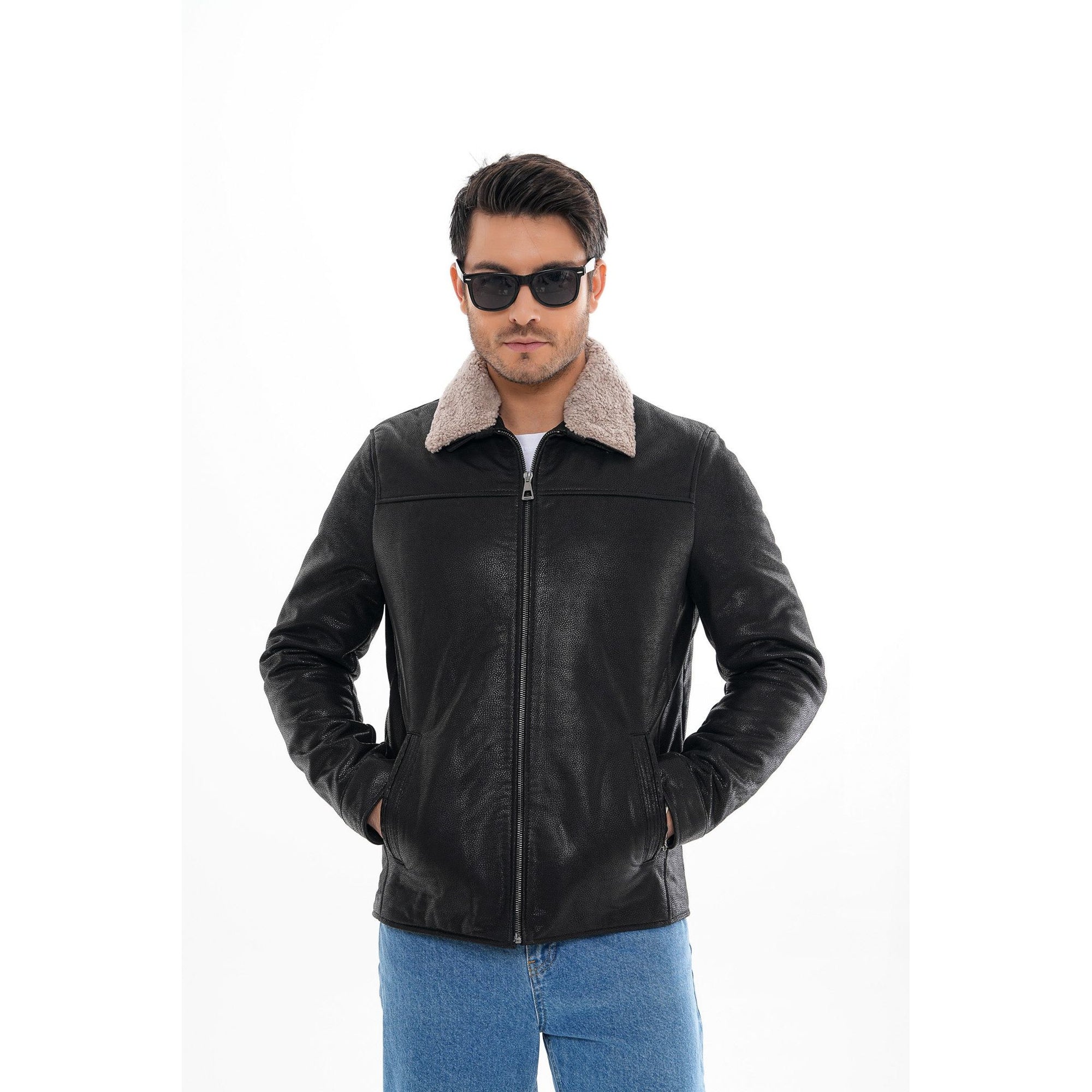 The Sarnico Black Shearling Collar Leather Jacket
