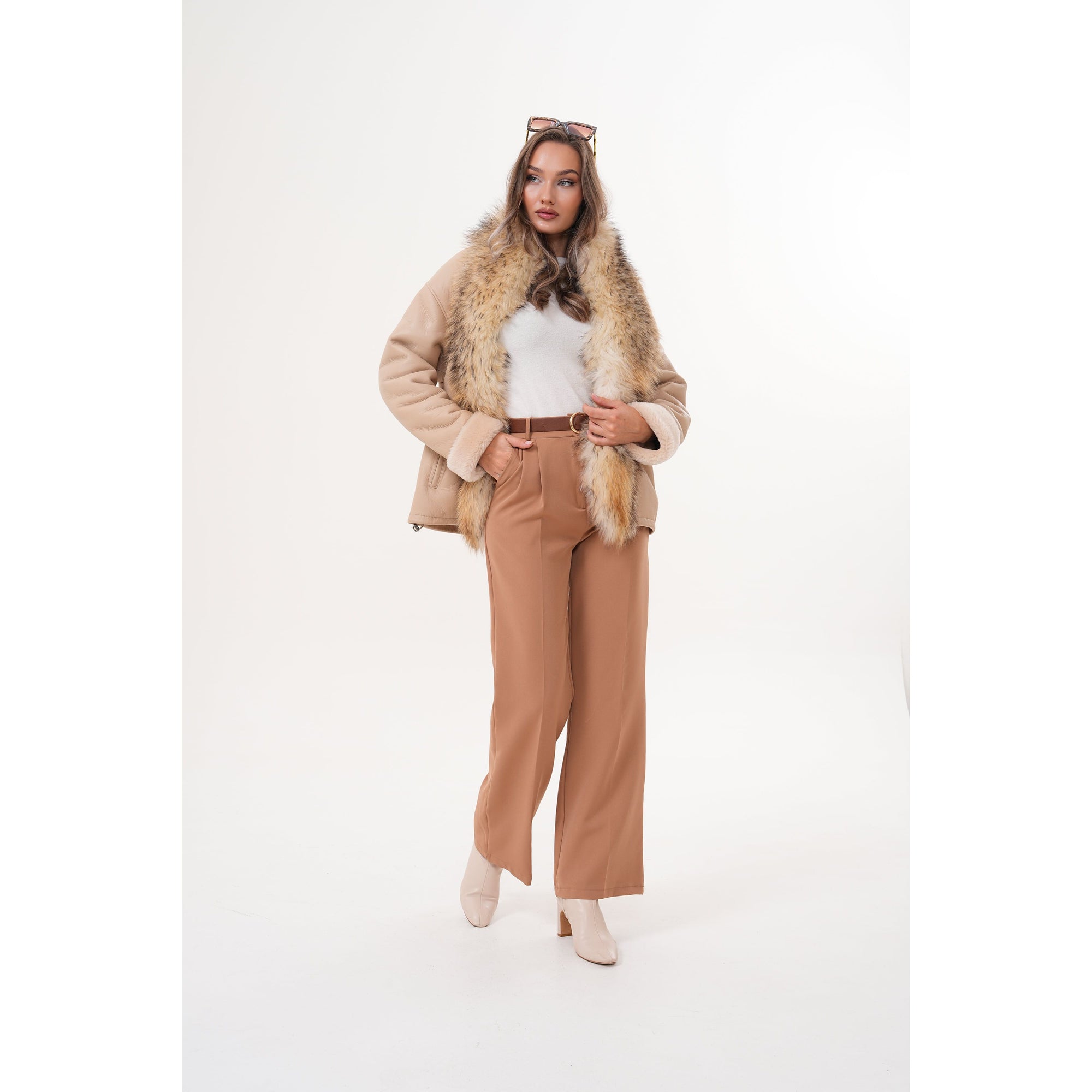 The Elise Beige Shearling Leather Women Jacket