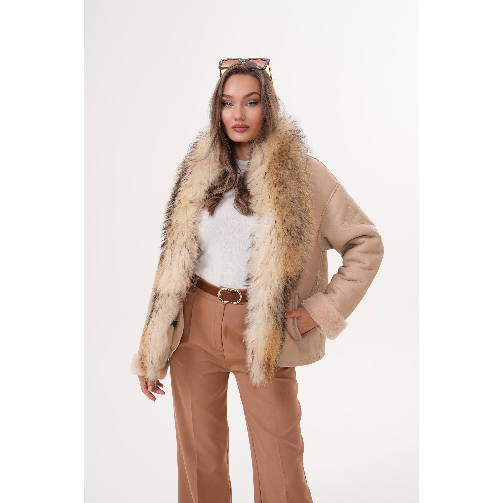 The Elise Beige Shearling Leather Women Jacket