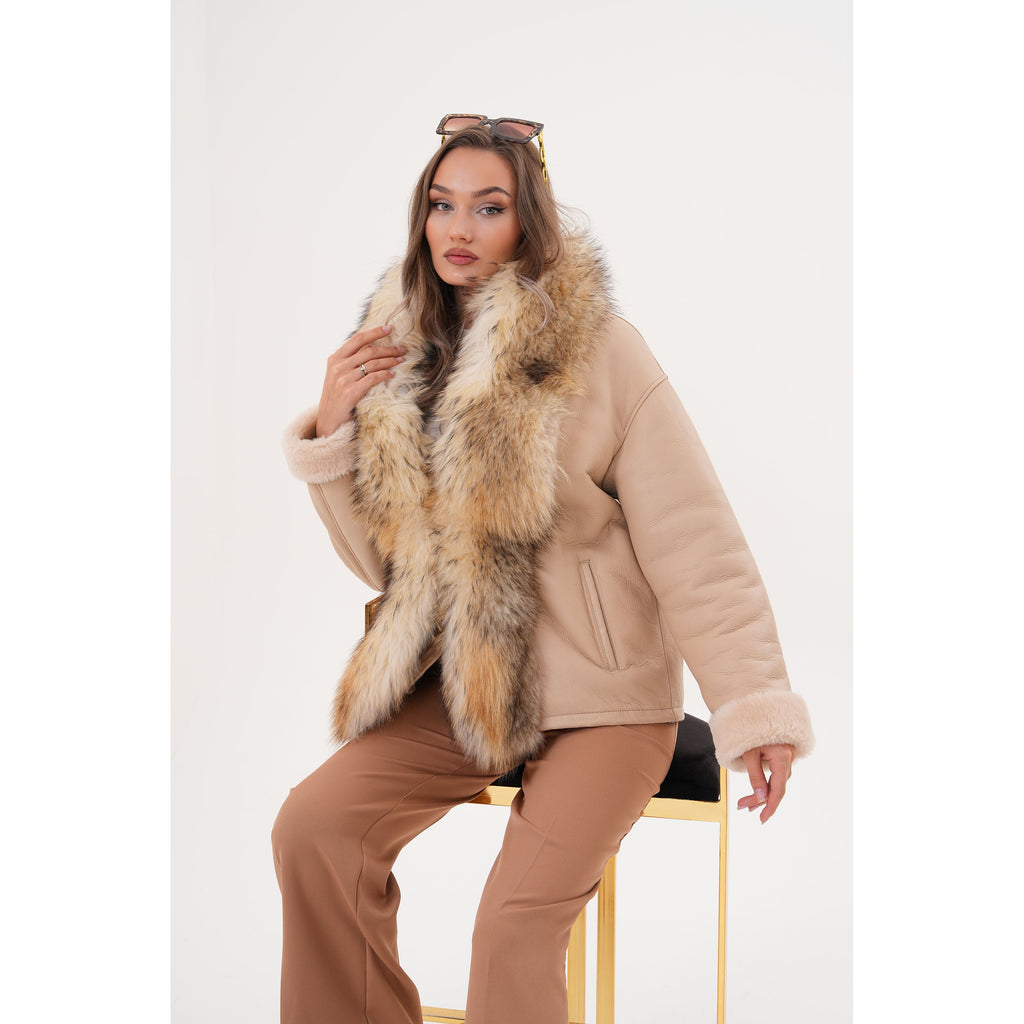 The Elise Beige Shearling Leather Women Jacket