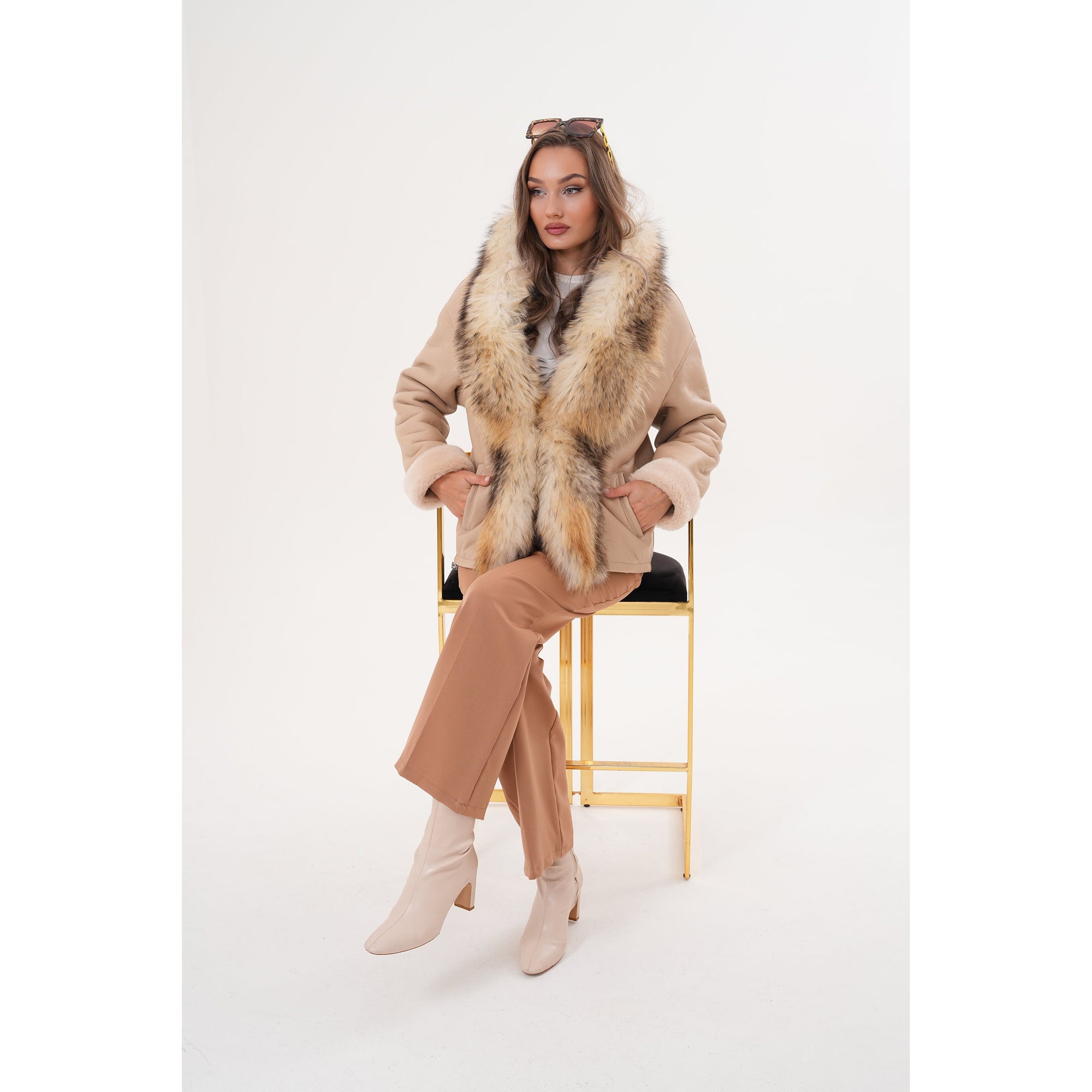 The Elise Beige Shearling Leather Women Jacket