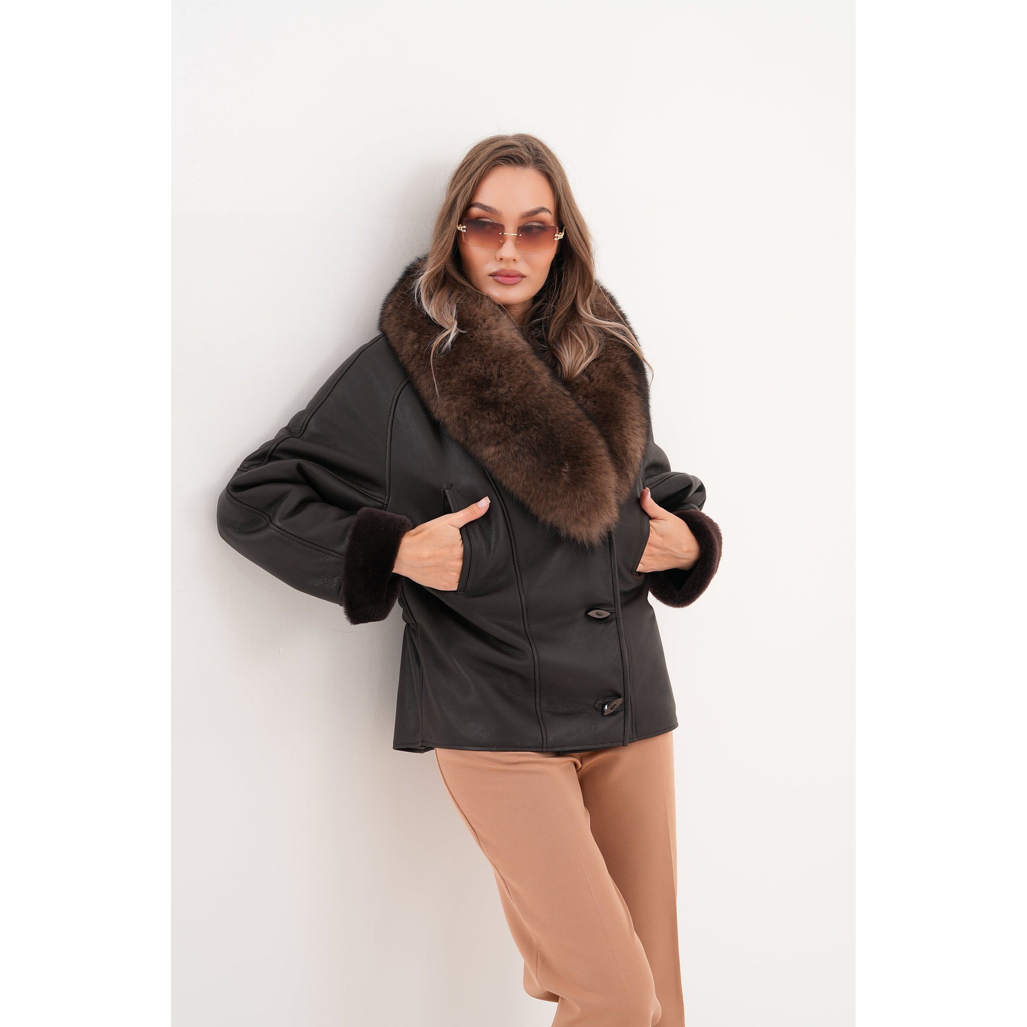 The Estelle Black & Brown Shearling Leather Women Jacket