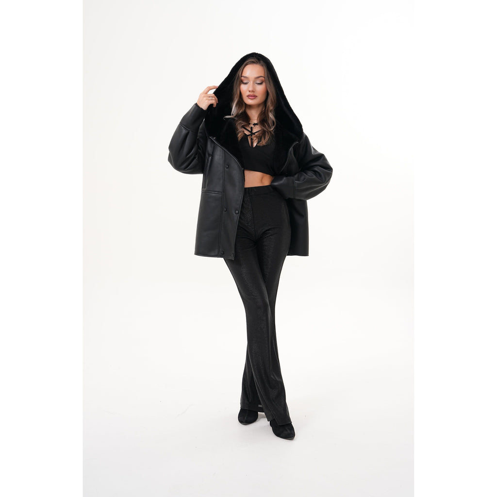 The Denali Hooded Black Shearling Leather Women Jacket