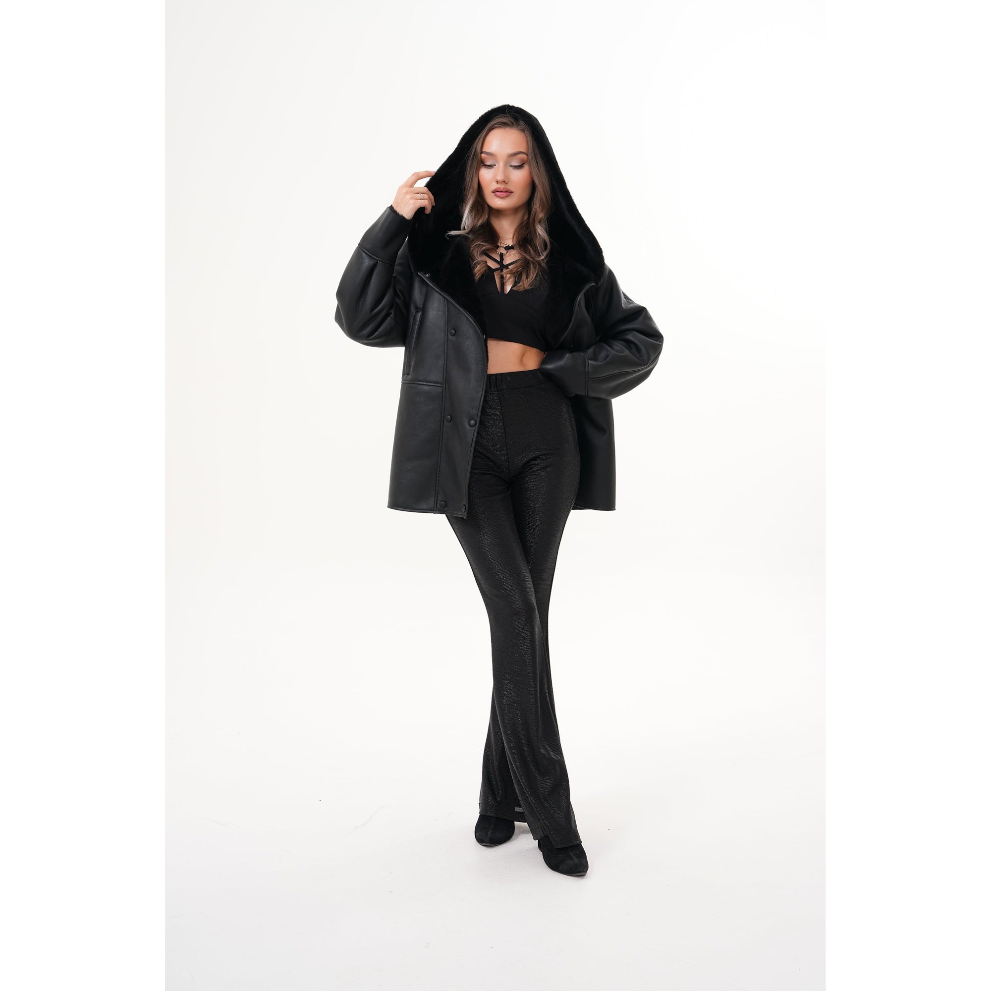 The Denali Hooded Black Shearling Leather Women Jacket