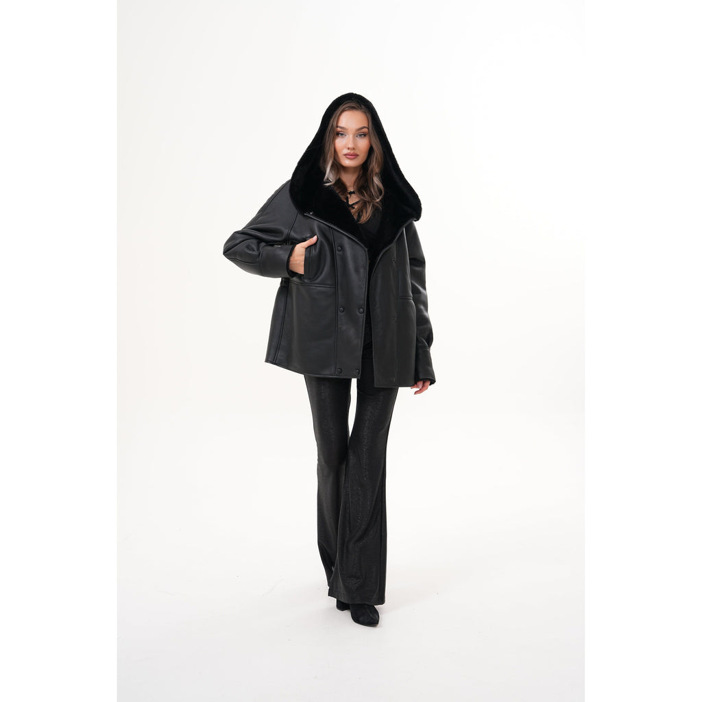 The Denali Hooded Black Shearling Leather Women Jacket