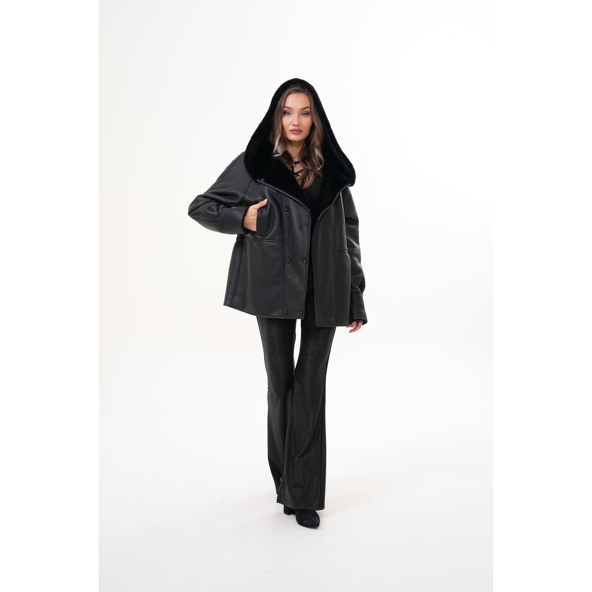 The Denali Hooded Black Shearling Leather Women Jacket