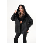 The Denali Hooded Black Shearling Leather Women Jacket