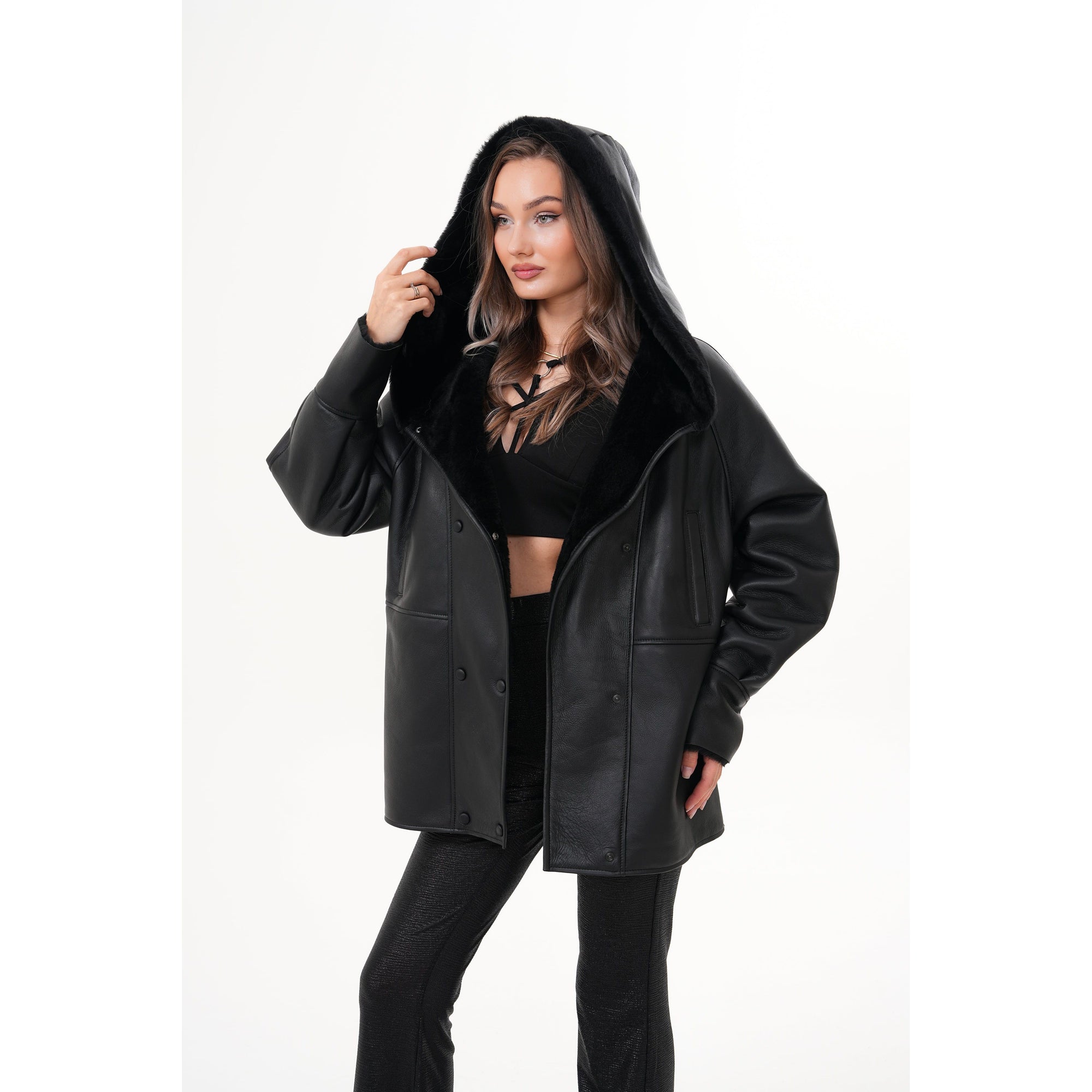 The Denali Hooded Black Shearling Leather Women Jacket