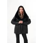 The Denali Hooded Black Shearling Leather Women Jacket