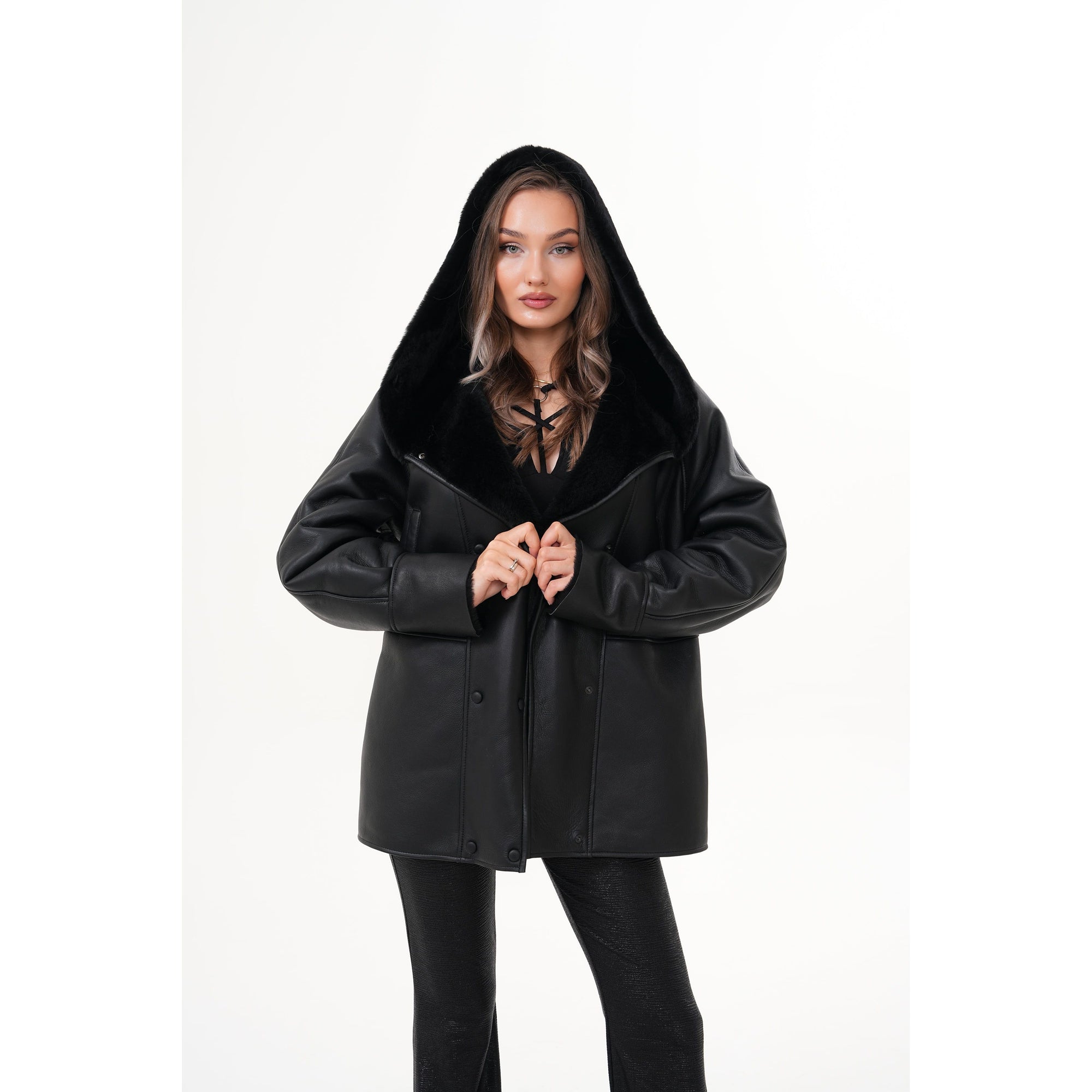 The Denali Hooded Black Shearling Leather Women Jacket