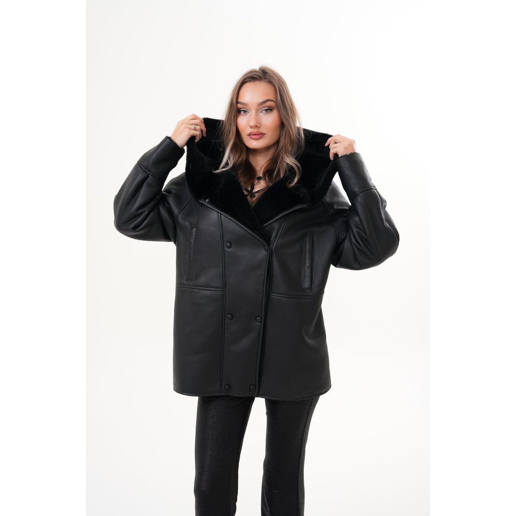 The Denali Hooded Black Shearling Leather Women Jacket