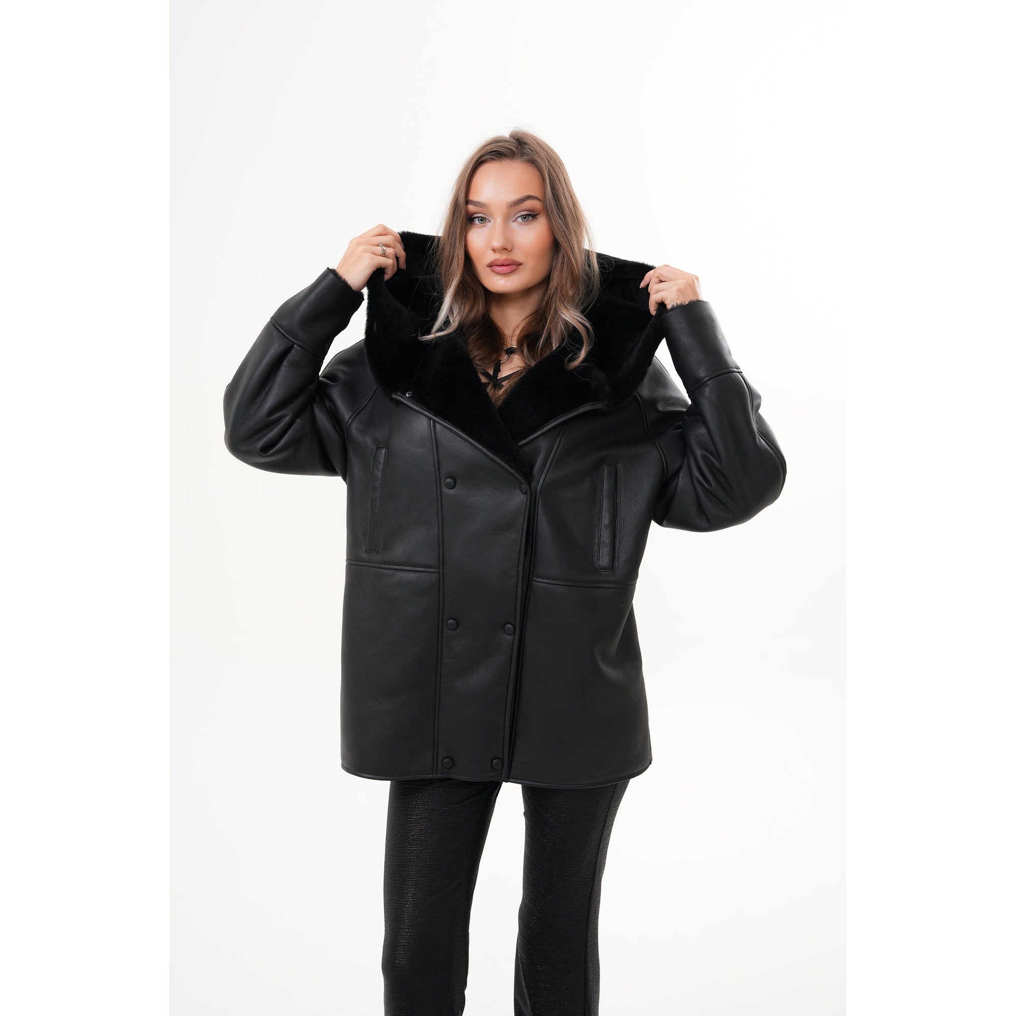 The Denali Hooded Black Shearling Leather Women Jacket