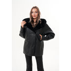 The Denali Hooded Black Shearling Leather Women Jacket
