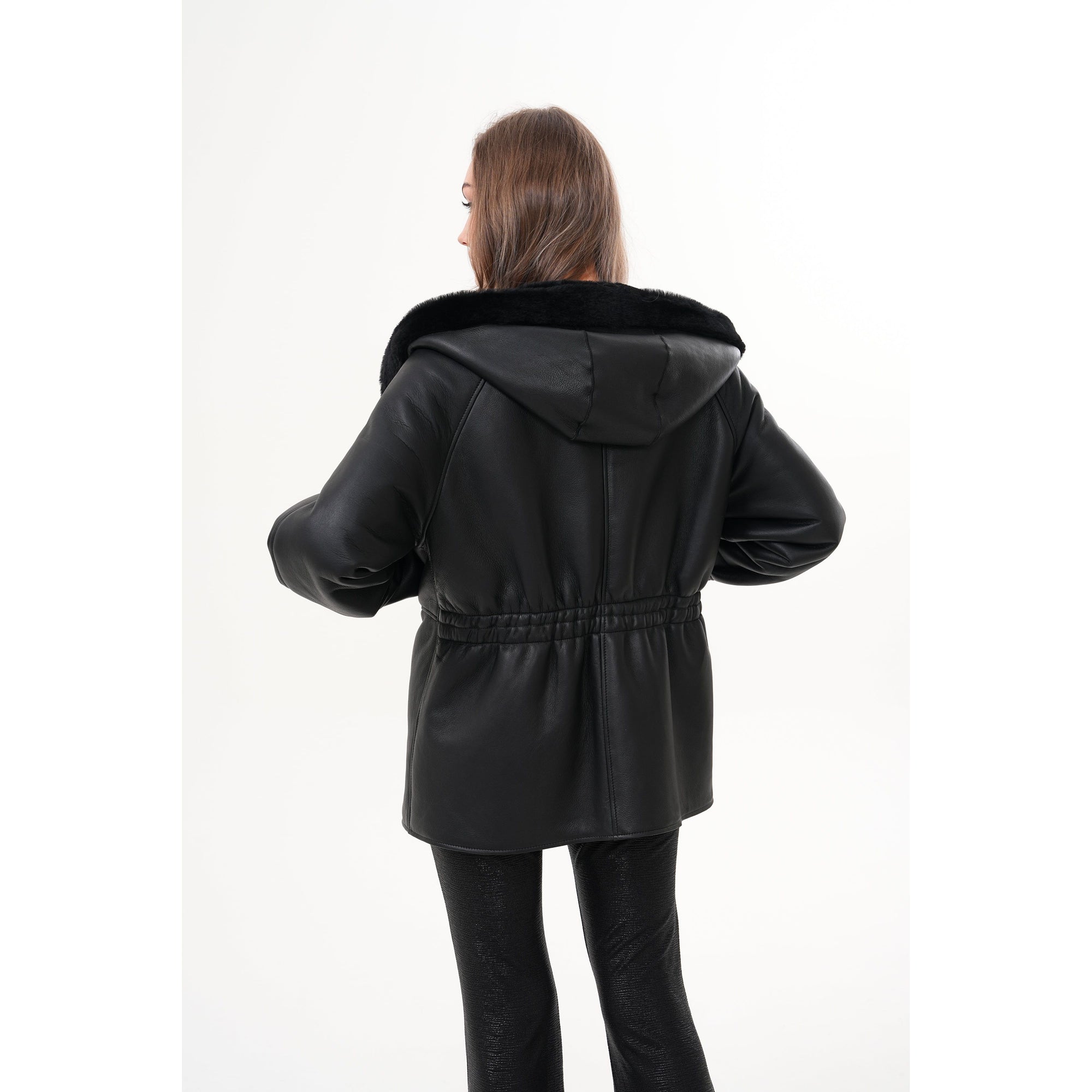 The Denali Hooded Black Shearling Leather Women Jacket