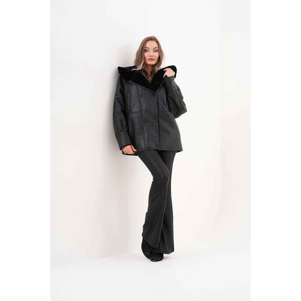The Denali Hooded Black Shearling Leather Women Jacket