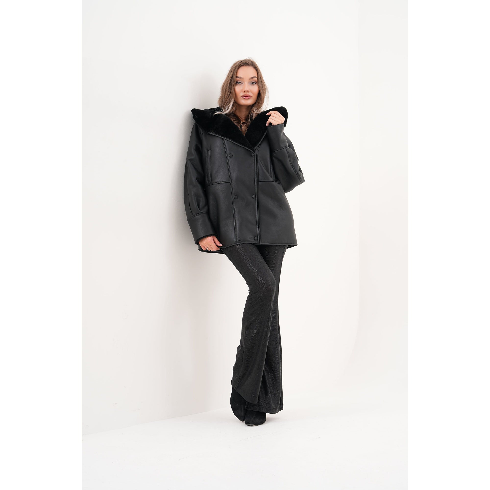 The Denali Hooded Black Shearling Leather Women Jacket