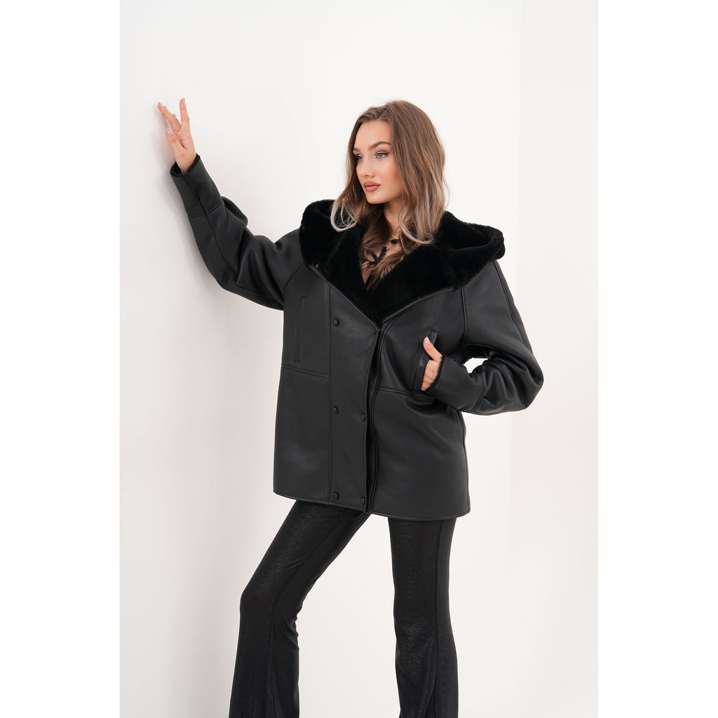 The Denali Hooded Black Shearling Leather Women Jacket