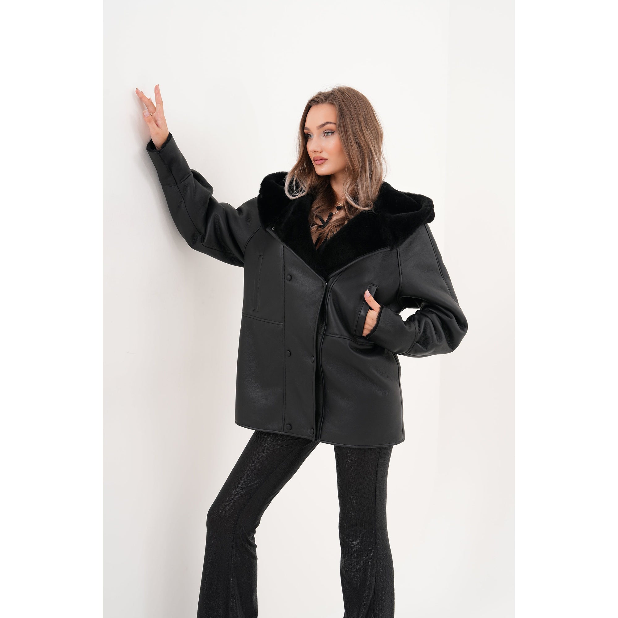 The Denali Hooded Black Shearling Leather Women Jacket